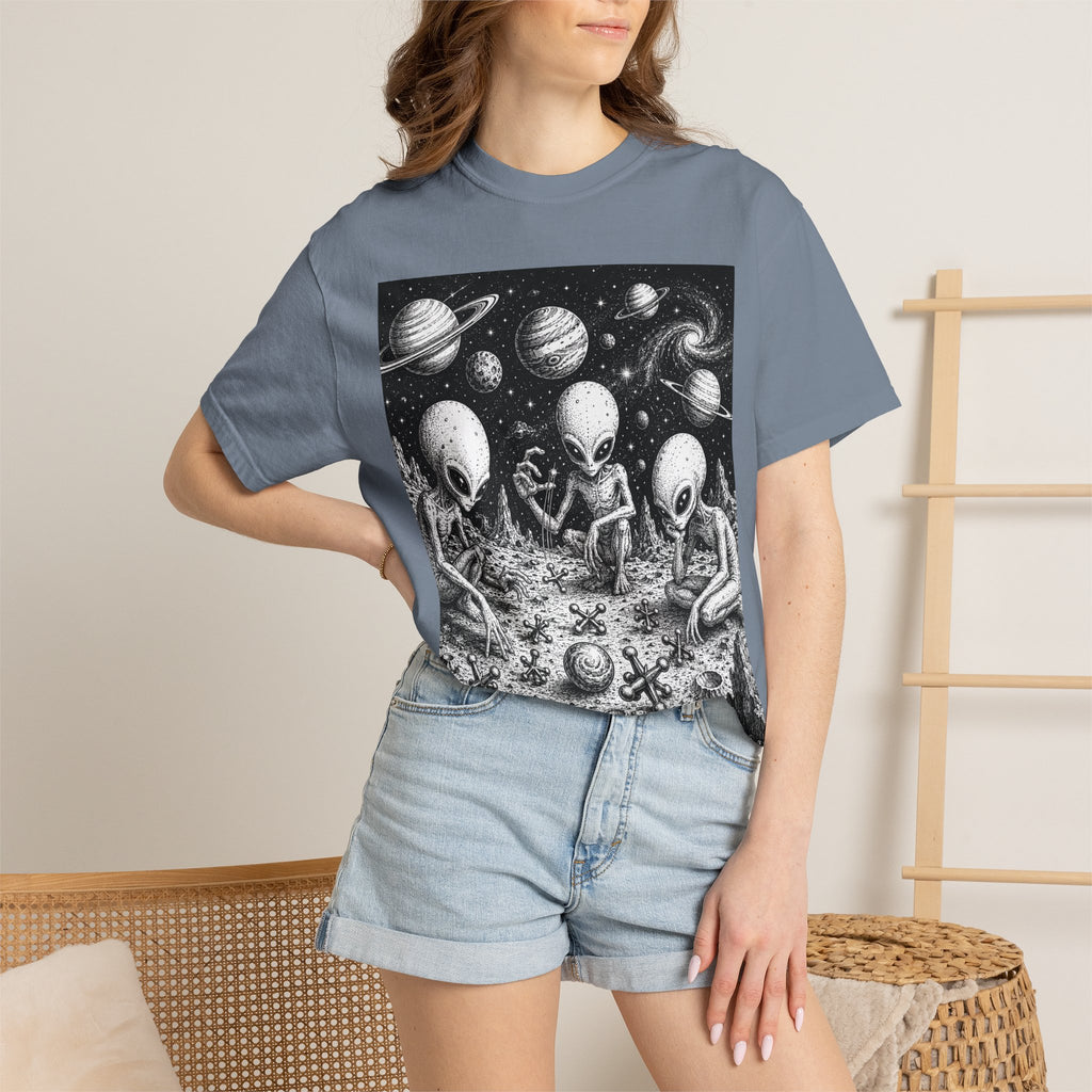 Alien Tea Party T-Shirt — Playful Retro Space Illustration