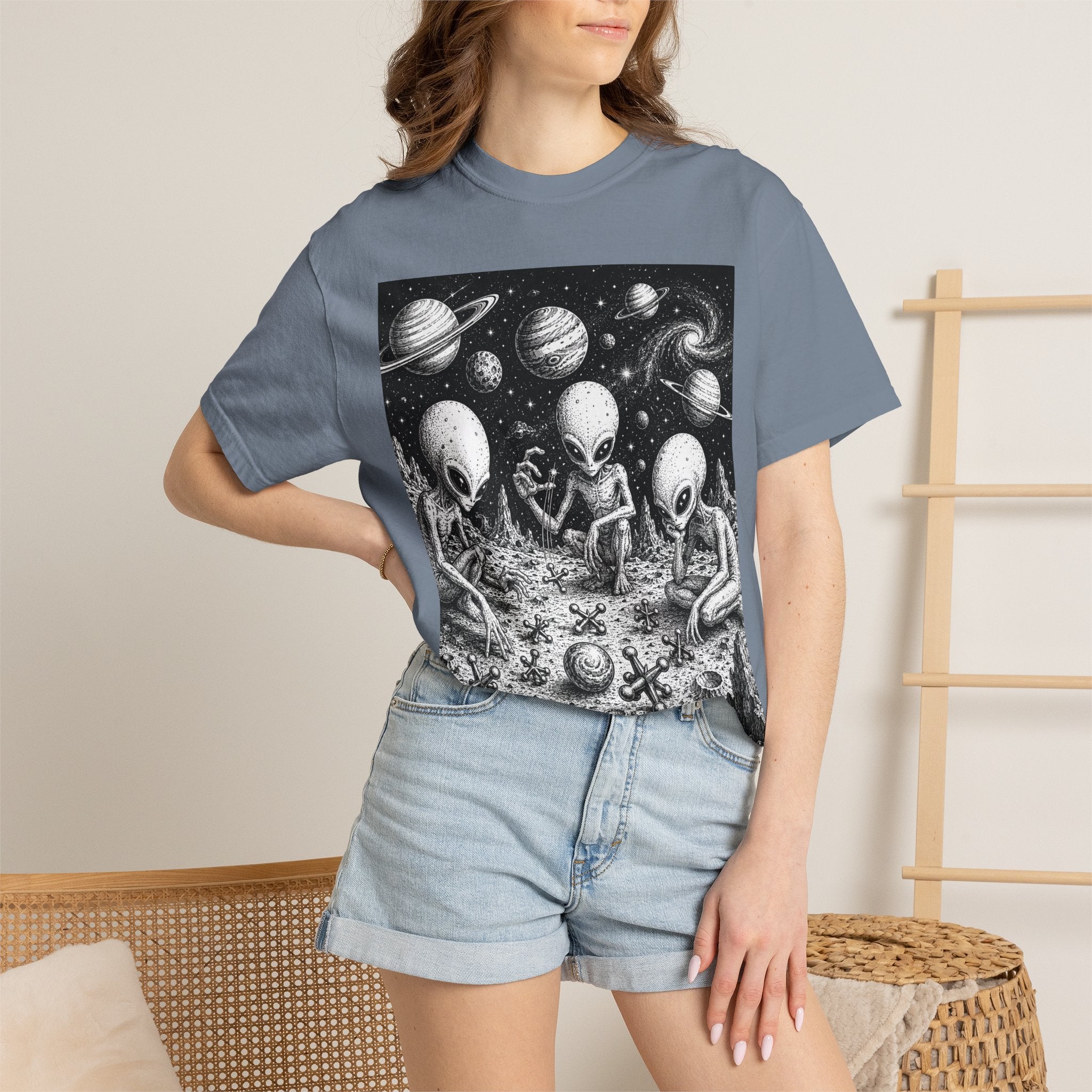 Alien Tea Party T-Shirt — Playful Retro Space Illustration