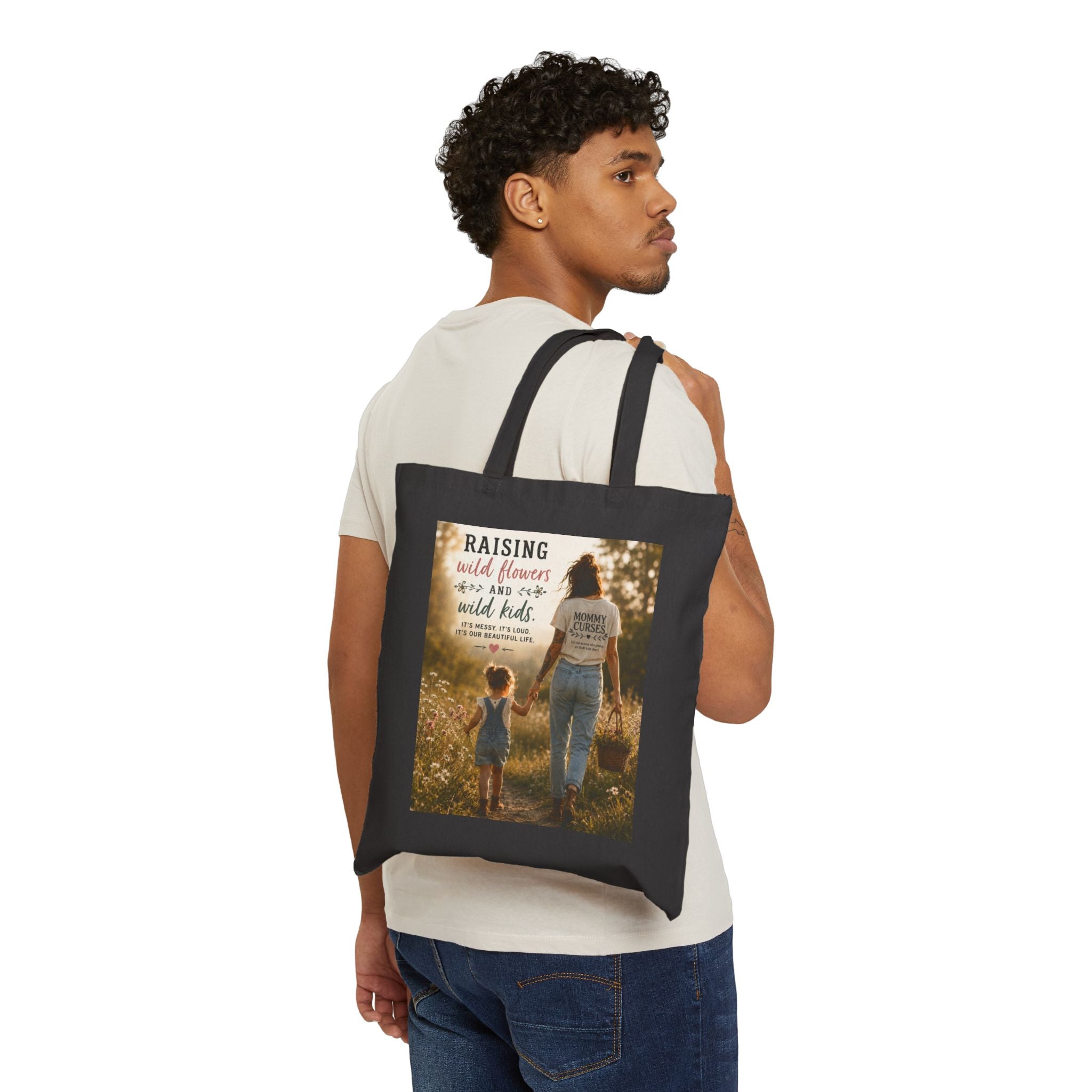 Tote Bag — "Raising Wild Flowers and Wild Kids" Rustic Mom & Child Canvas Tote