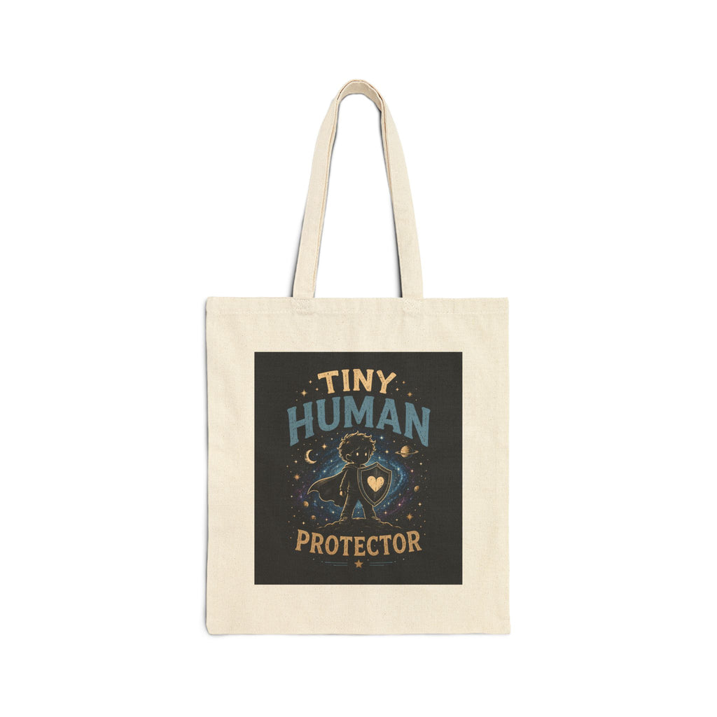 Tote Bag — "Tiny Human Protector" Cute Space Dinosaur Baby Guardian Canvas Tote