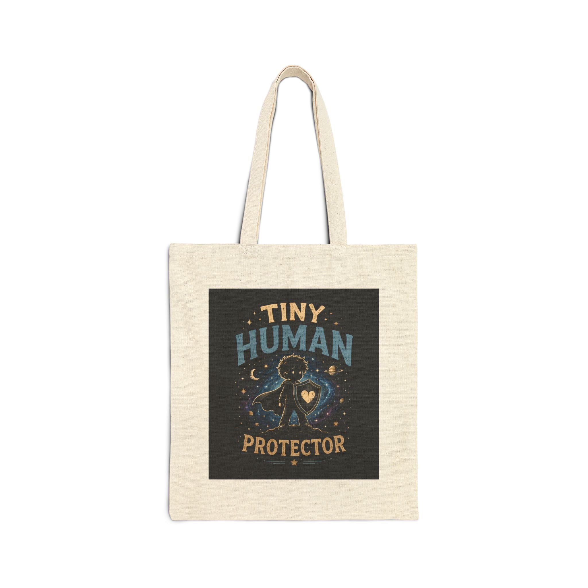 Tote Bag — "Tiny Human Protector" Cute Space Dinosaur Baby Guardian Canvas Tote