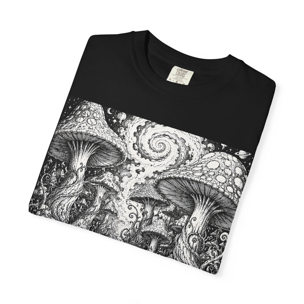 Psychedelic Mushroom Garden T-Shirt — Snail & Fungi Illustration