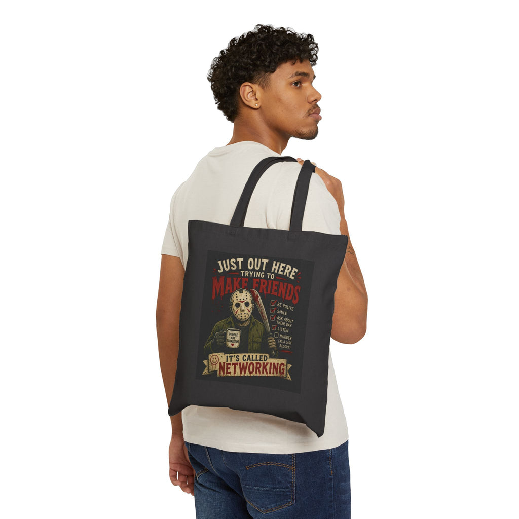 Tote Bag — Retro Horror 'Just Out Here Trying to Make Friends, It's Called Networking' Cotton Tote