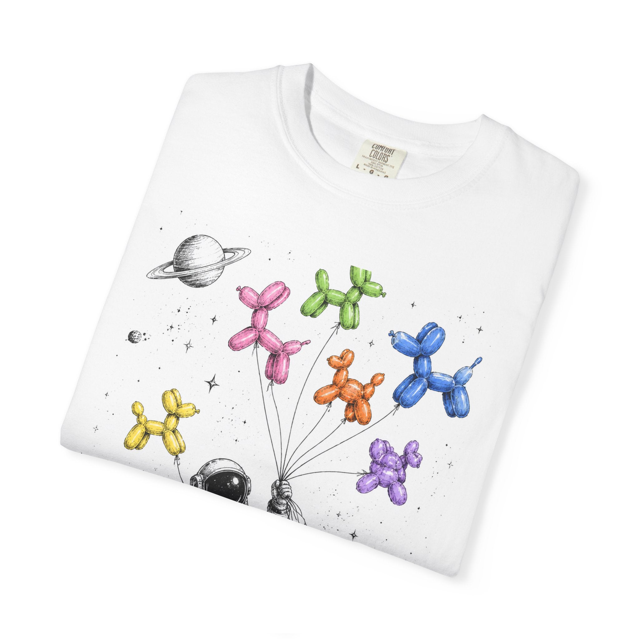 Astronaut Balloon Tee — Space Explorer with Colorful Balloon Dogs