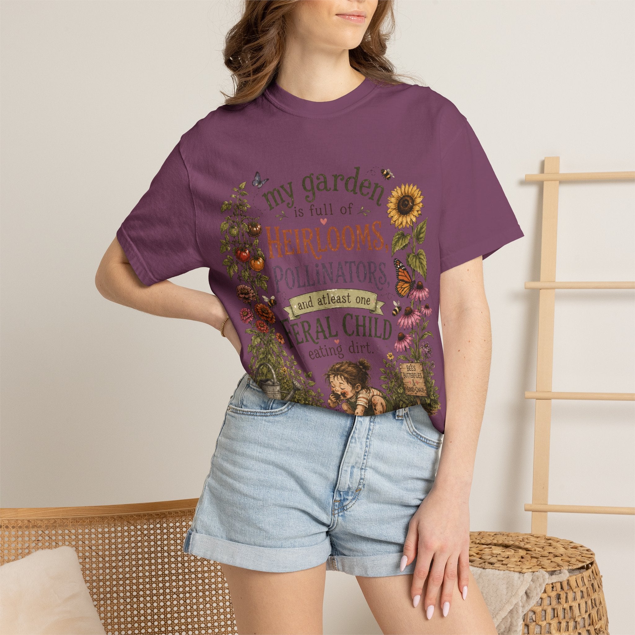 Garden Lover T-Shirt — “My garden is full of heirlooms, pollinators...feral child” Vintage Botanical Tee