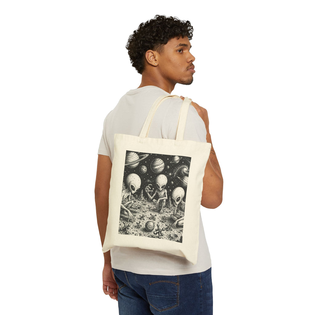 Alien Picnic Canvas Tote Bag — Cute Retro Space Aliens Illustration
