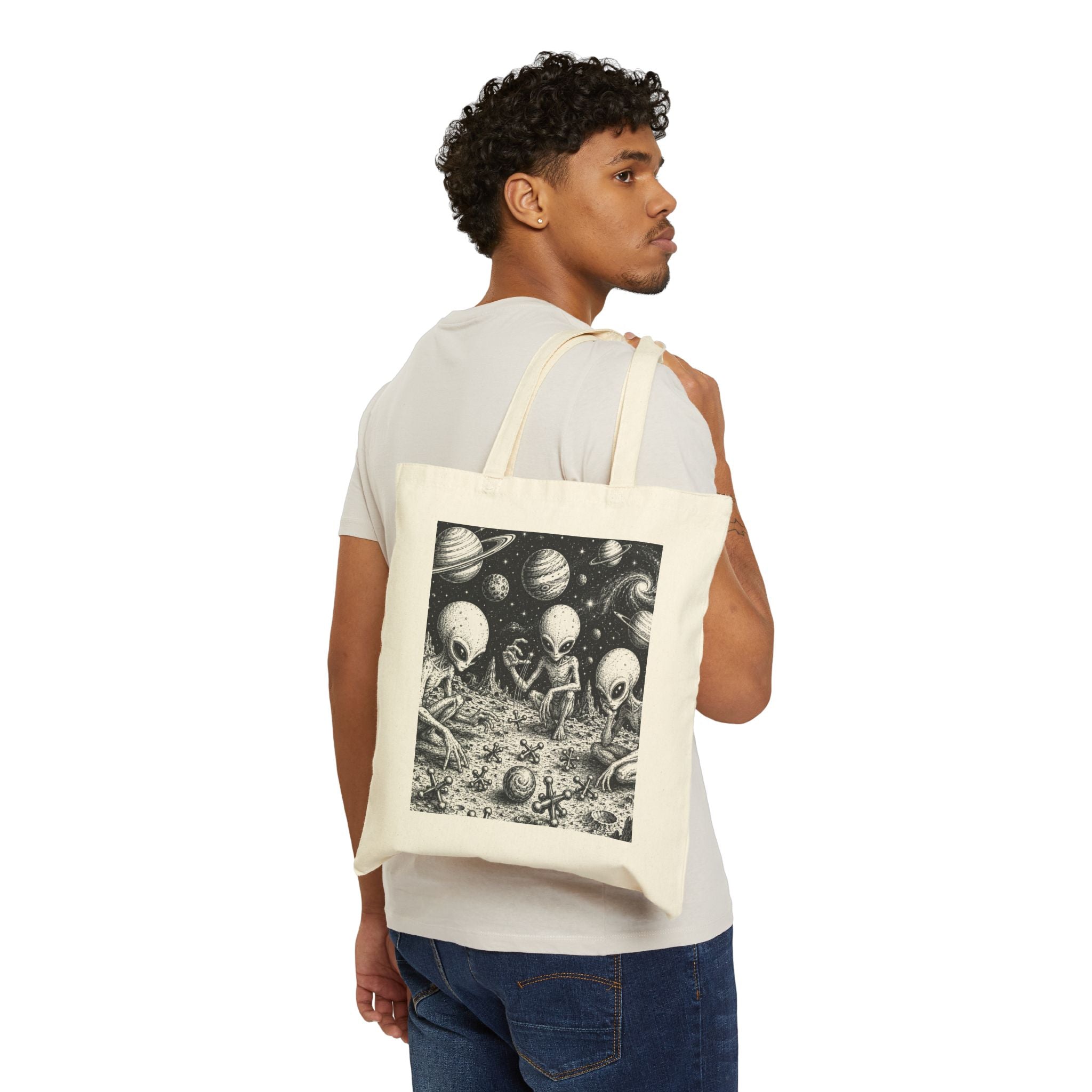 Alien Picnic Canvas Tote Bag — Cute Retro Space Aliens Illustration