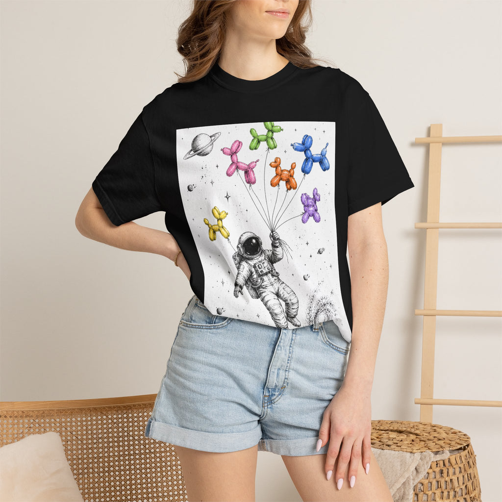 Astronaut Balloon Tee — Space Explorer with Colorful Balloon Dogs