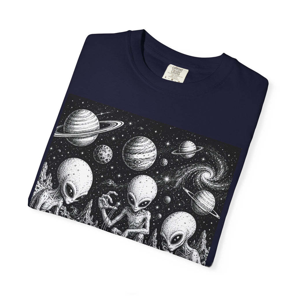 Alien Tea Party T-Shirt — Playful Retro Space Illustration
