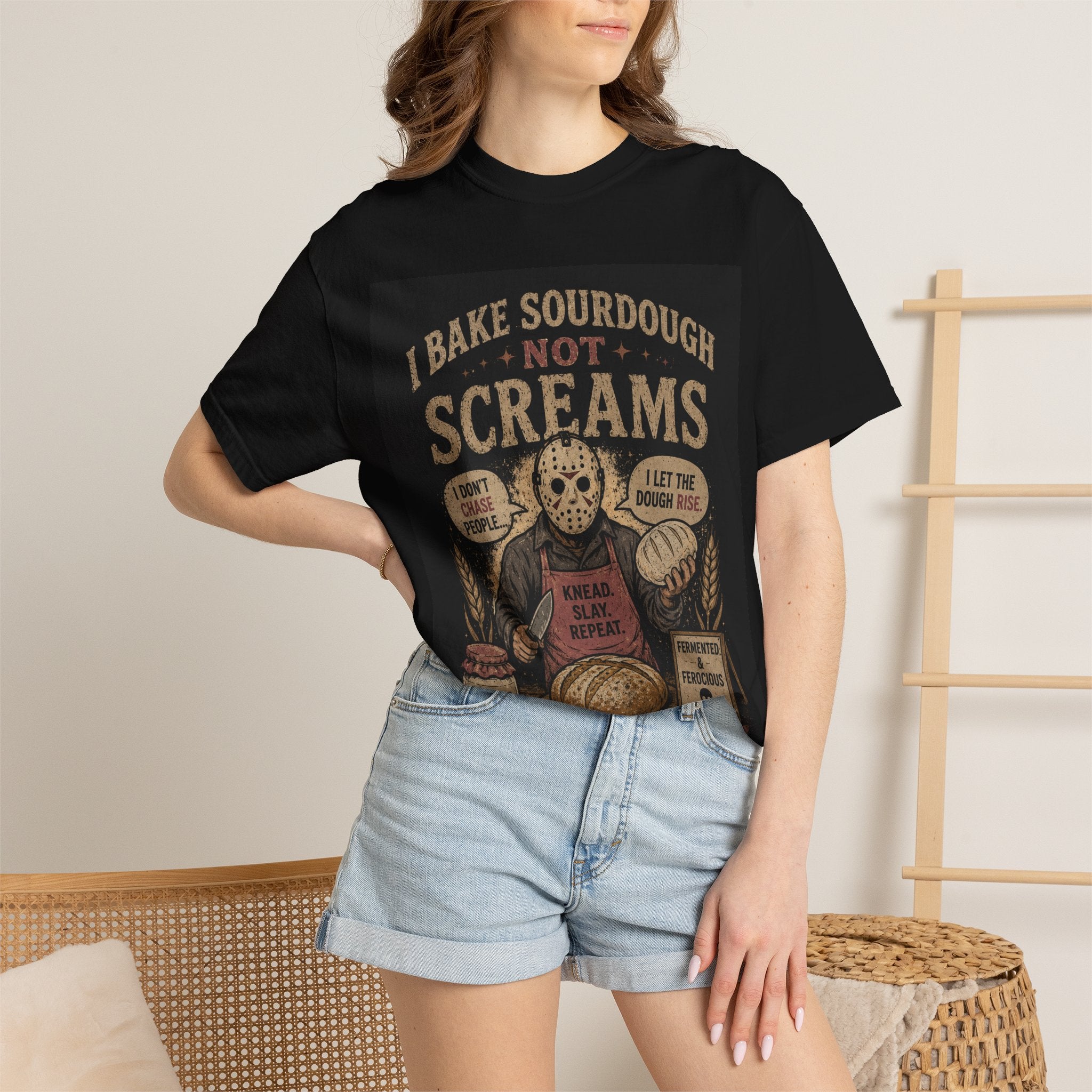 Sourdough Baker Horror Tee — "I Bake Sourdough Not Screams" Graphic T-Shirt