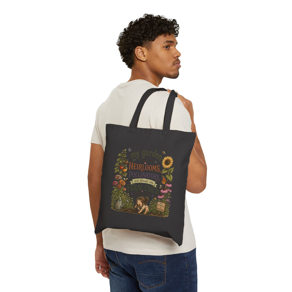 Garden Tote Bag — “My Garden Is Full of Heirlooms, Pollinators & a Feral Child” Cotton Canvas Market Tote