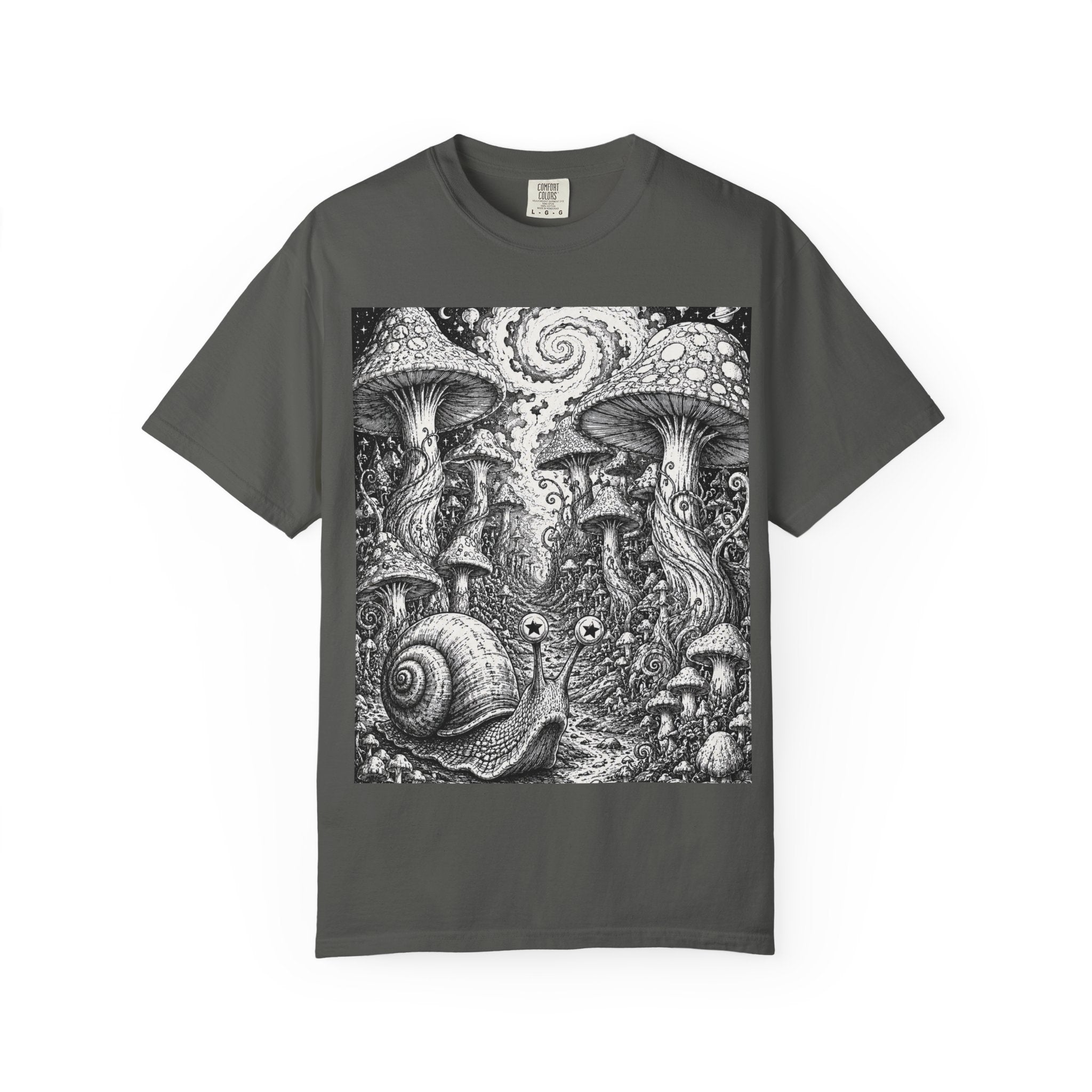Psychedelic Mushroom Garden T-Shirt — Snail & Fungi Illustration