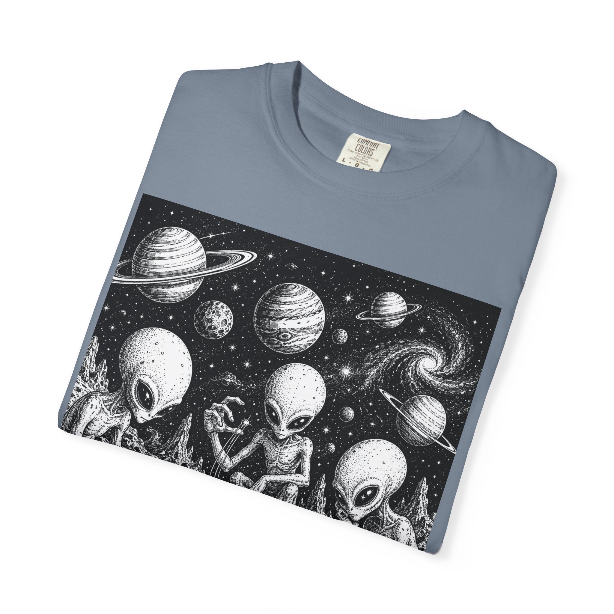 Alien Tea Party T-Shirt — Playful Retro Space Illustration