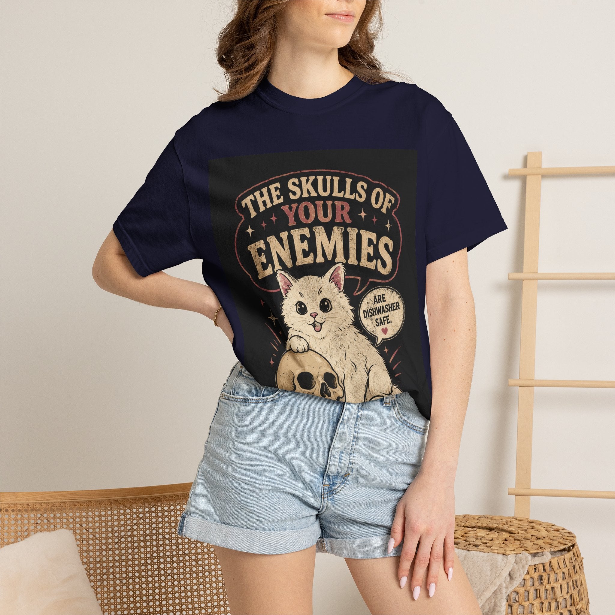 T-Shirt — “The Skulls of Your Enemies” Cute Cat & Skull Graphic