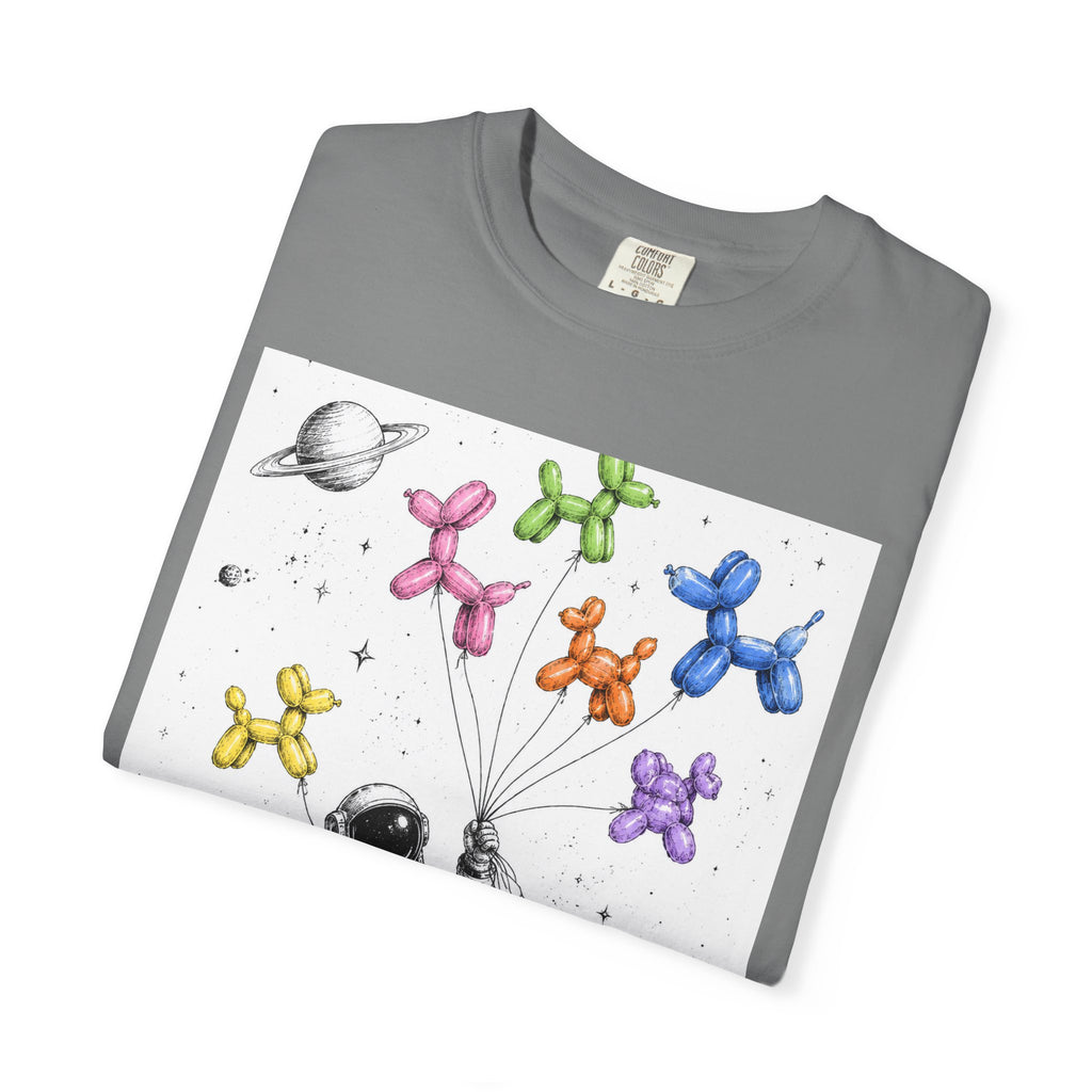 Astronaut Balloon Tee — Space Explorer with Colorful Balloon Dogs