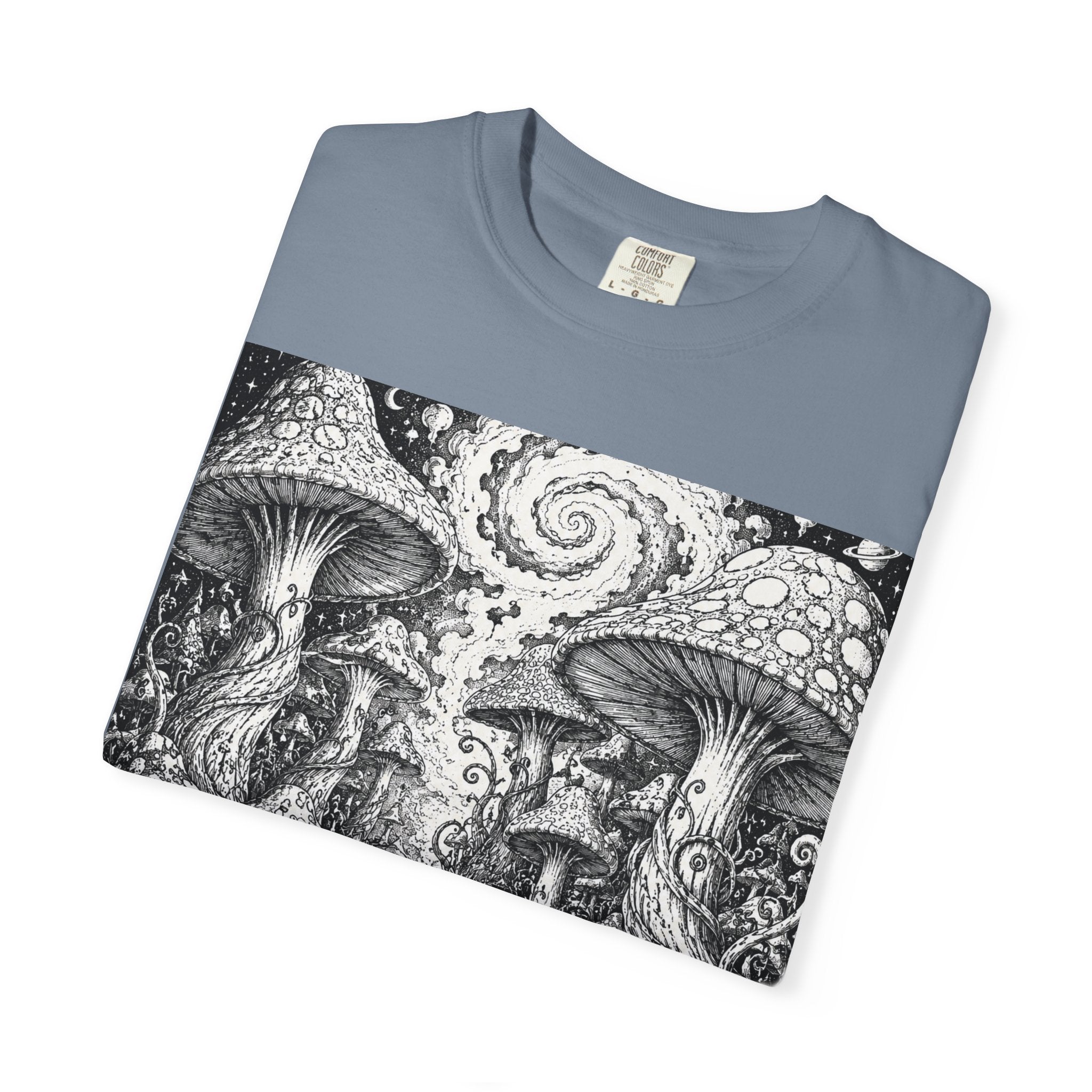Psychedelic Mushroom Garden T-Shirt — Snail & Fungi Illustration