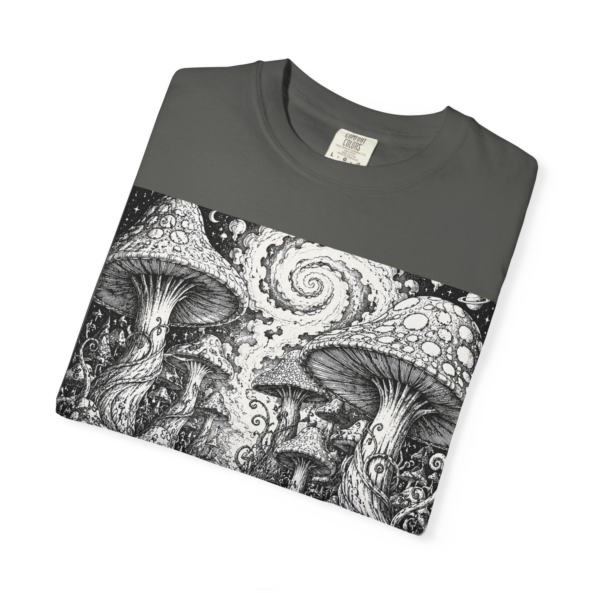 Psychedelic Mushroom Garden T-Shirt — Snail & Fungi Illustration