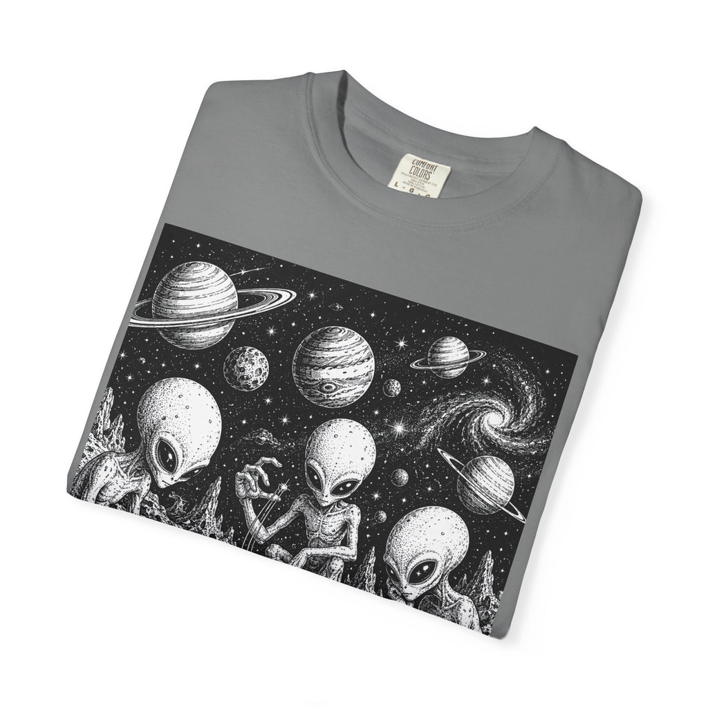 Alien Tea Party T-Shirt — Playful Retro Space Illustration