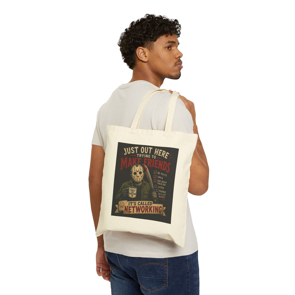 Tote Bag — Retro Horror 'Just Out Here Trying to Make Friends, It's Called Networking' Cotton Tote
