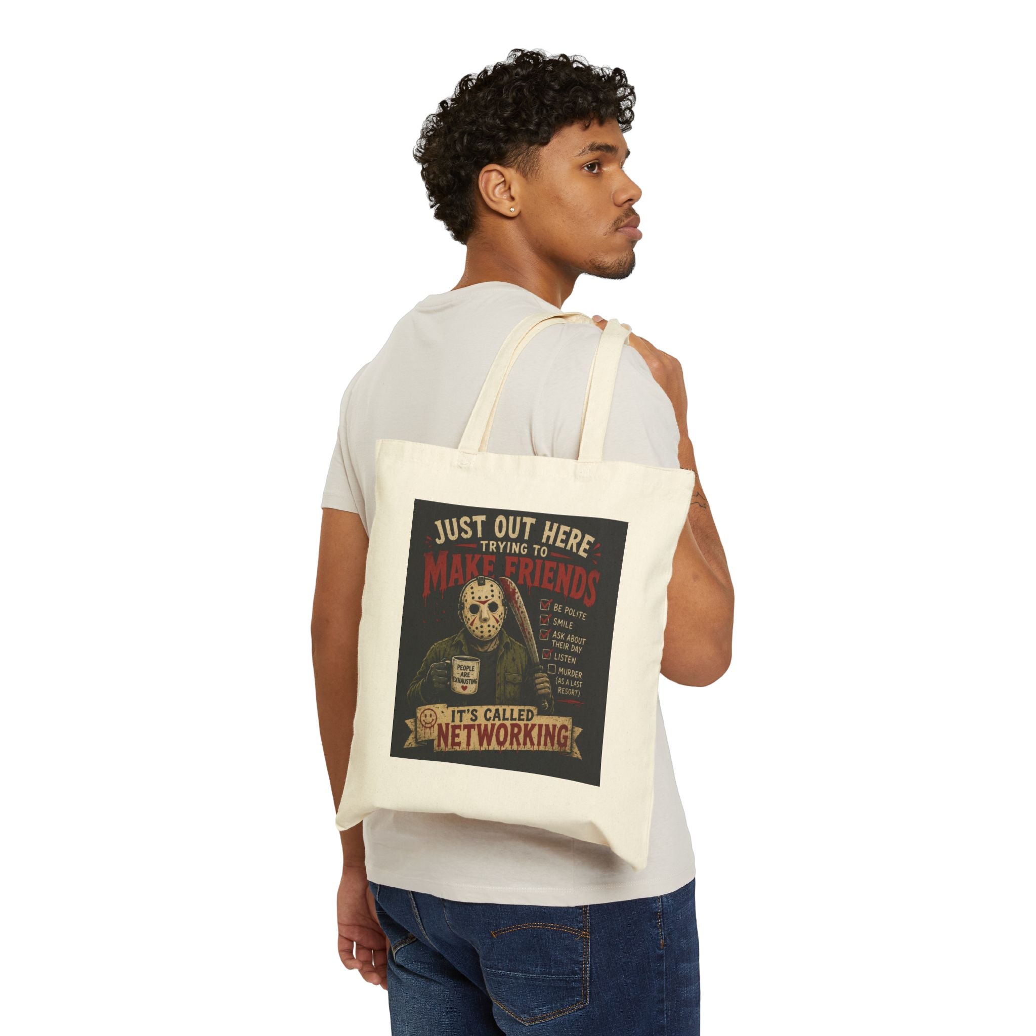 Tote Bag — Retro Horror 'Just Out Here Trying to Make Friends, It's Called Networking' Cotton Tote