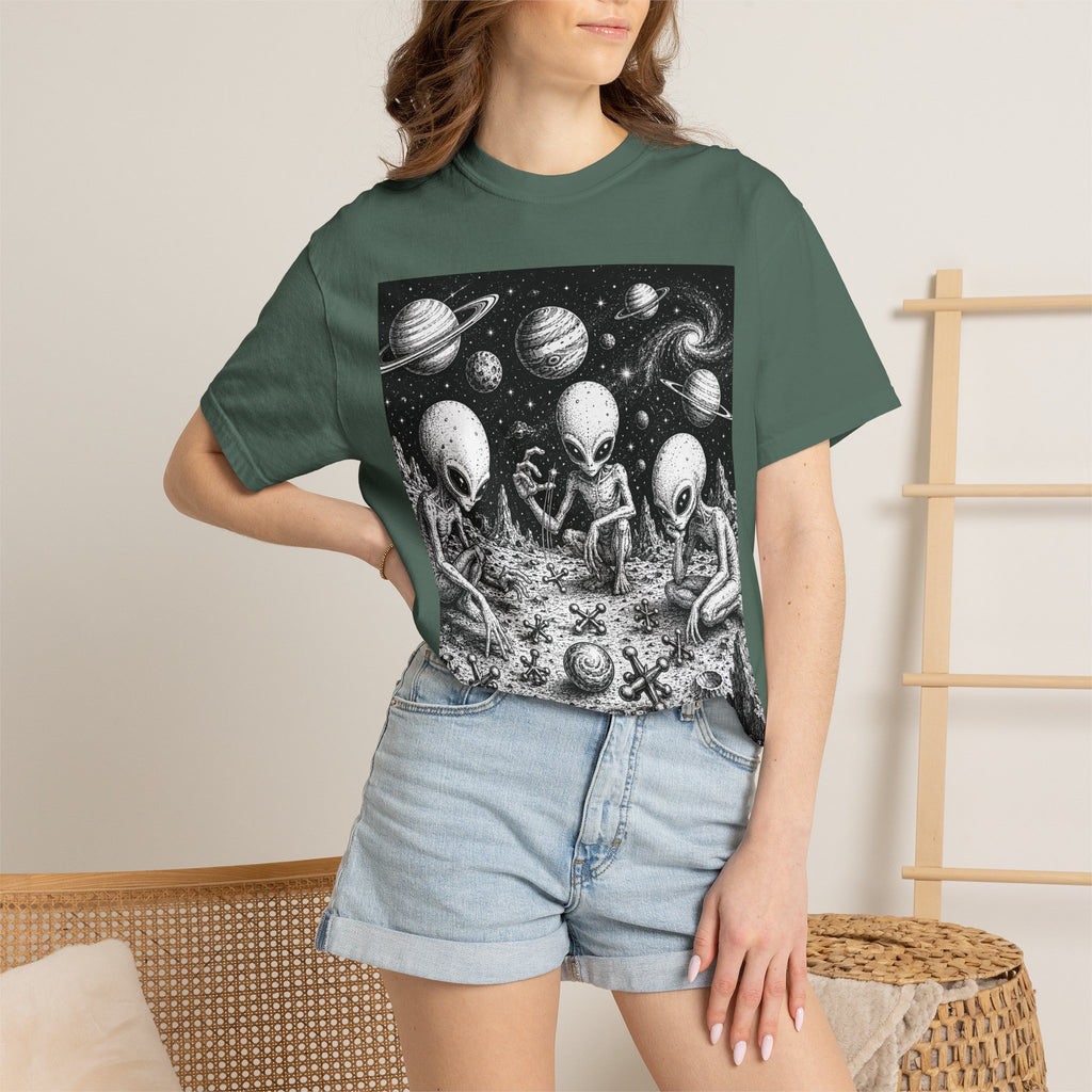 Alien Tea Party T-Shirt — Playful Retro Space Illustration