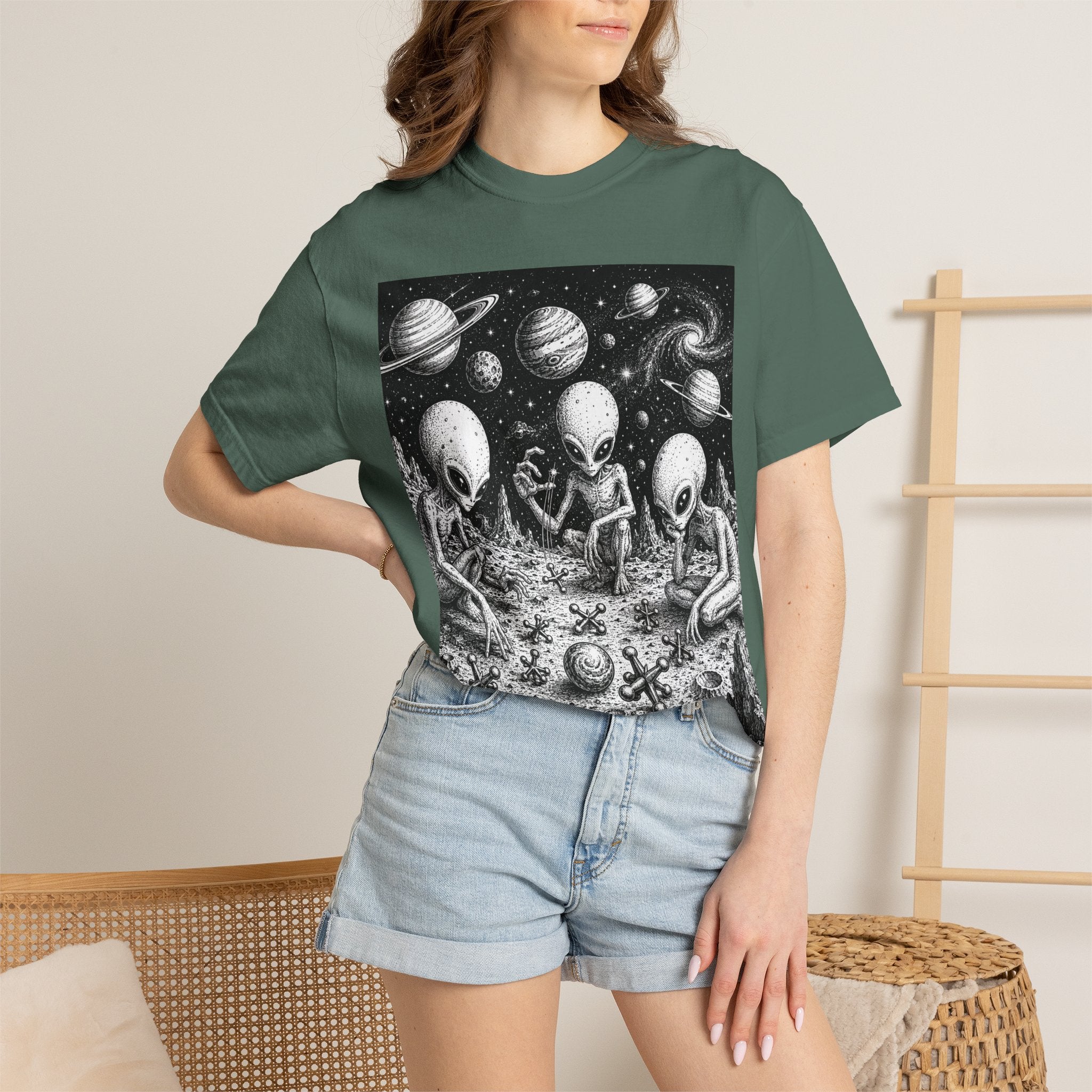 Alien Tea Party T-Shirt — Playful Retro Space Illustration