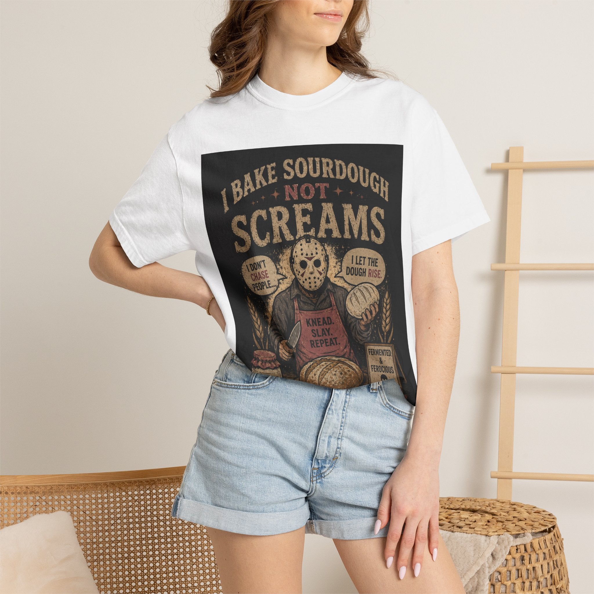 Sourdough Baker Horror Tee — "I Bake Sourdough Not Screams" Graphic T-Shirt