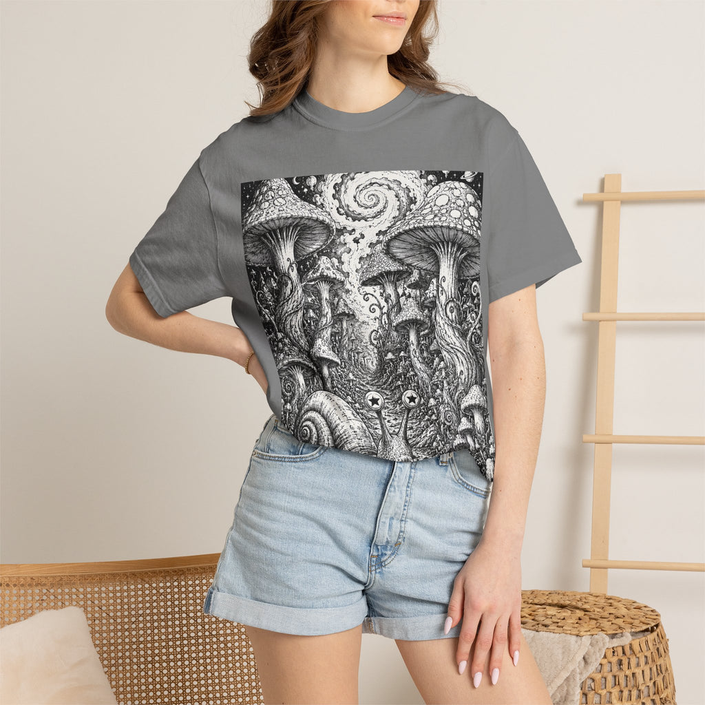 Psychedelic Mushroom Garden T-Shirt — Snail & Fungi Illustration