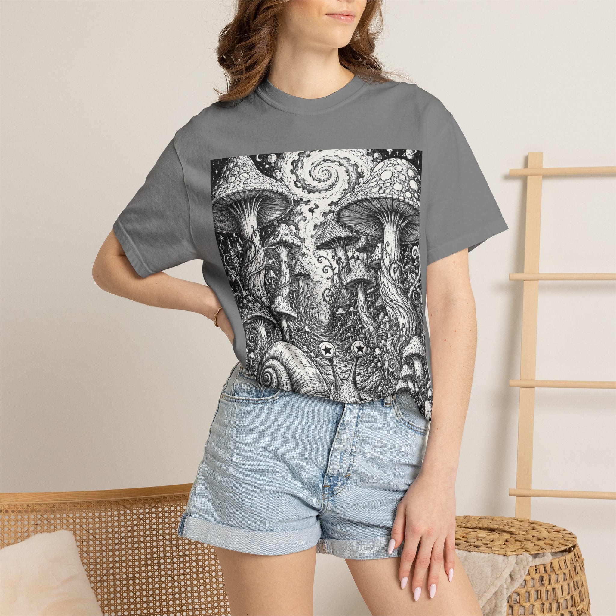 Psychedelic Mushroom Garden T-Shirt — Snail & Fungi Illustration