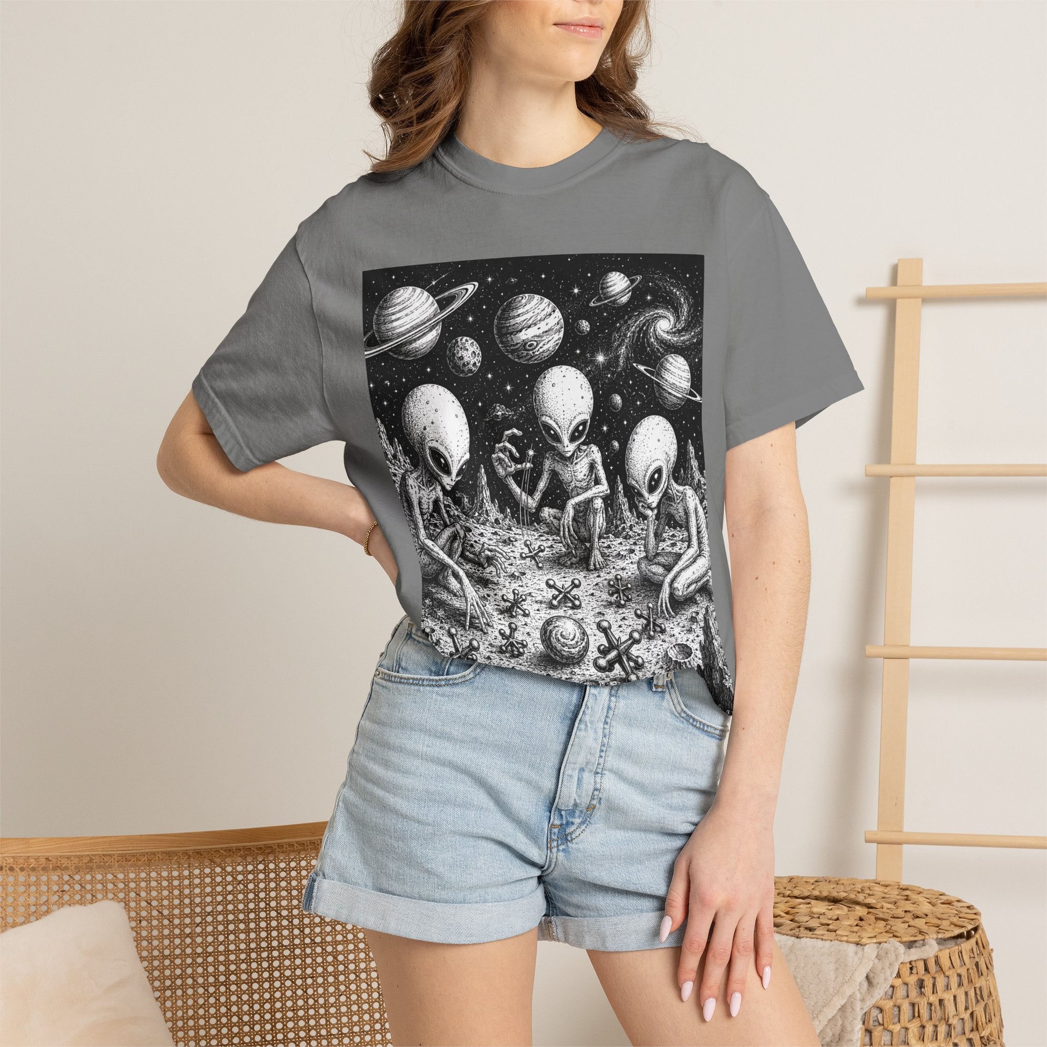 Alien Tea Party T-Shirt — Playful Retro Space Illustration