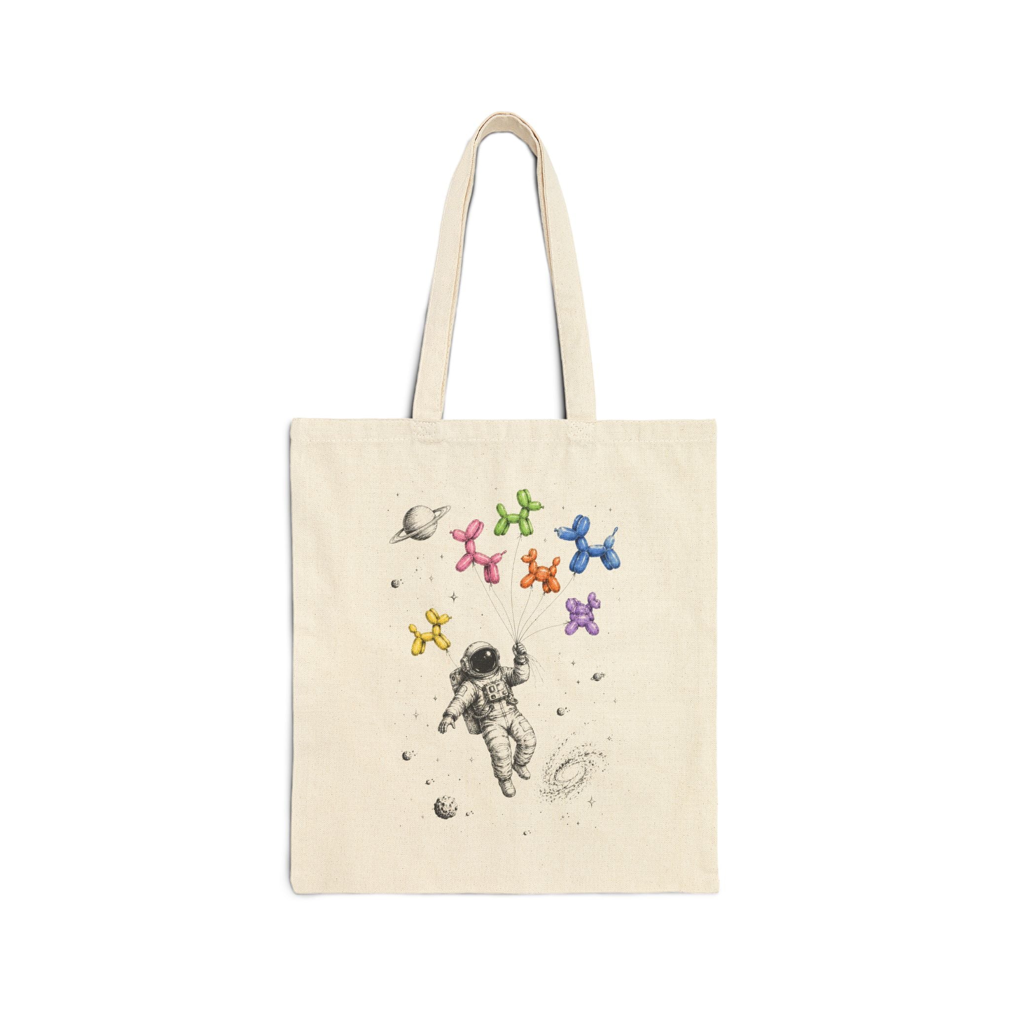Astronaut Balloon Tote Bag — Space Explorer Canvas Tote with Colorful Balloon Animals