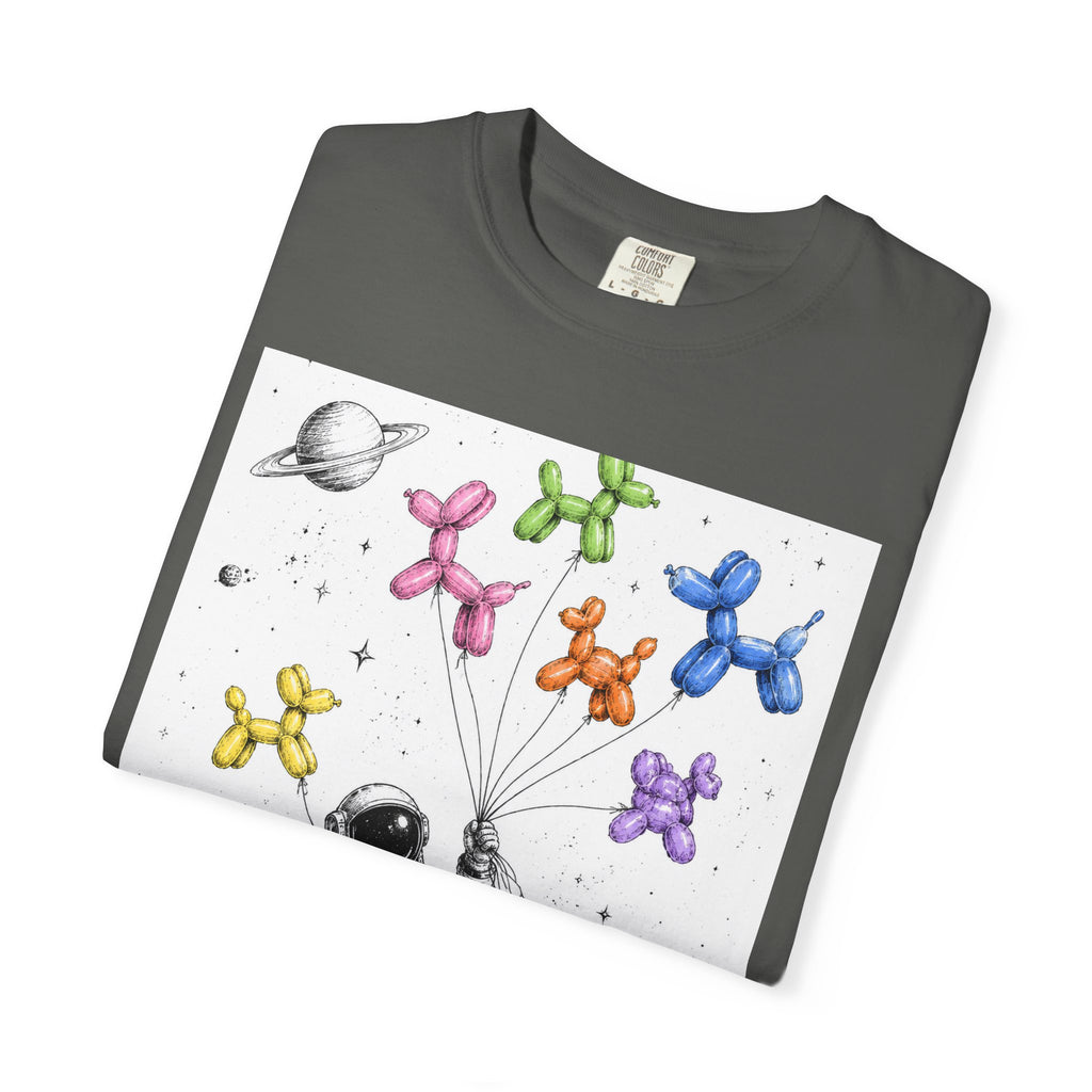 Astronaut Balloon Tee — Space Explorer with Colorful Balloon Dogs