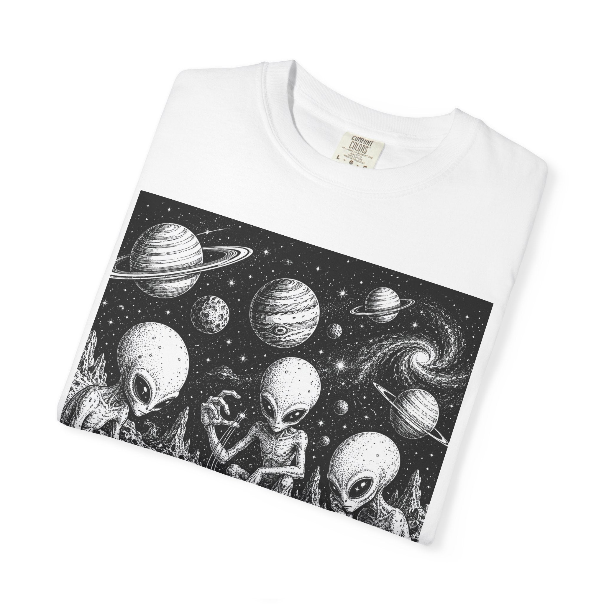 Alien Tea Party T-Shirt — Playful Retro Space Illustration