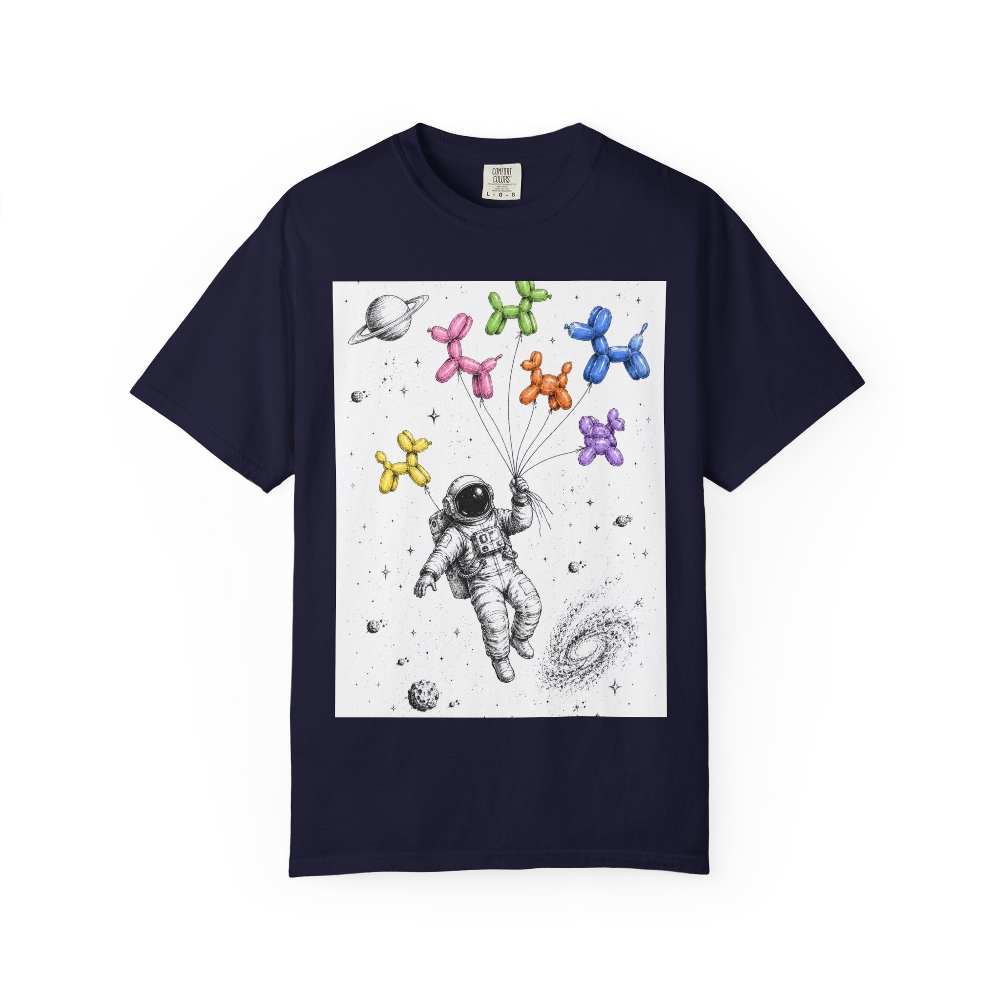 Astronaut Balloon Tee — Space Explorer with Colorful Balloon Dogs