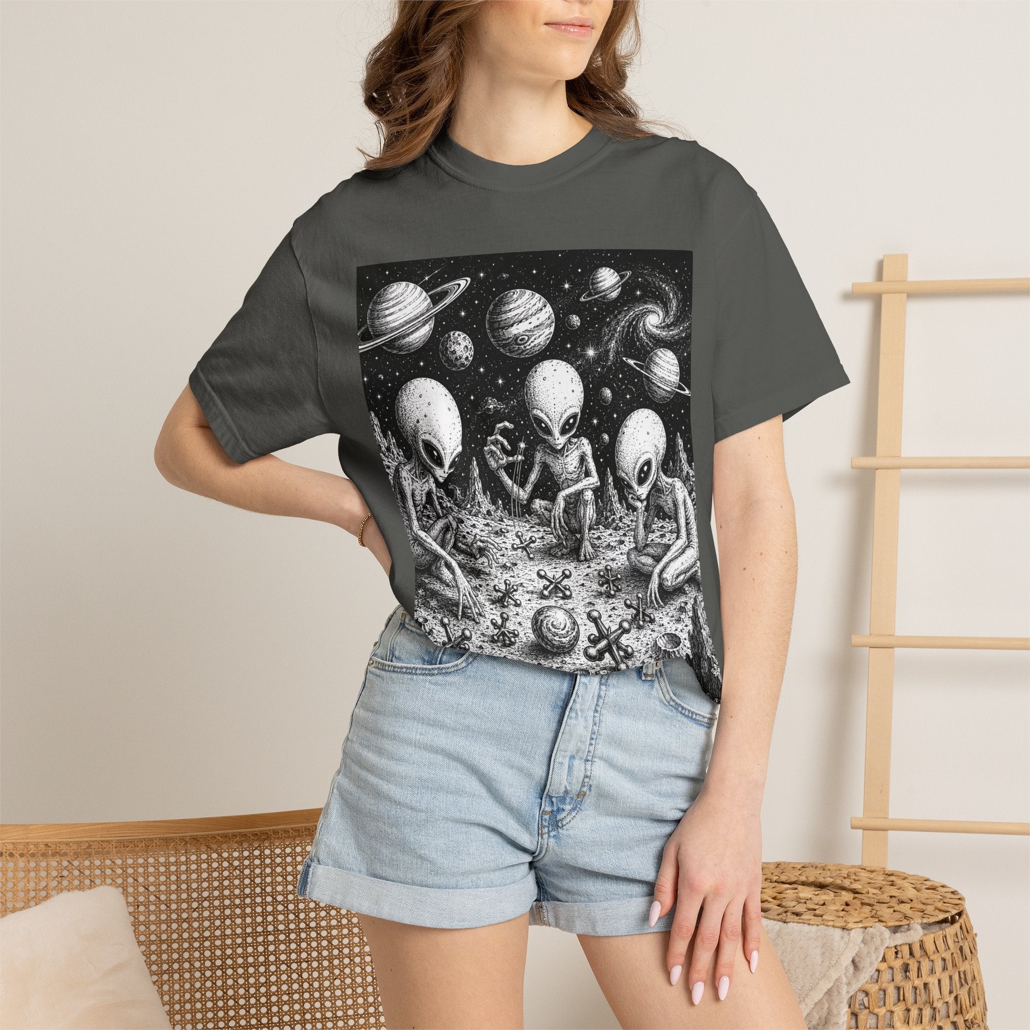 Alien Tea Party T-Shirt — Playful Retro Space Illustration