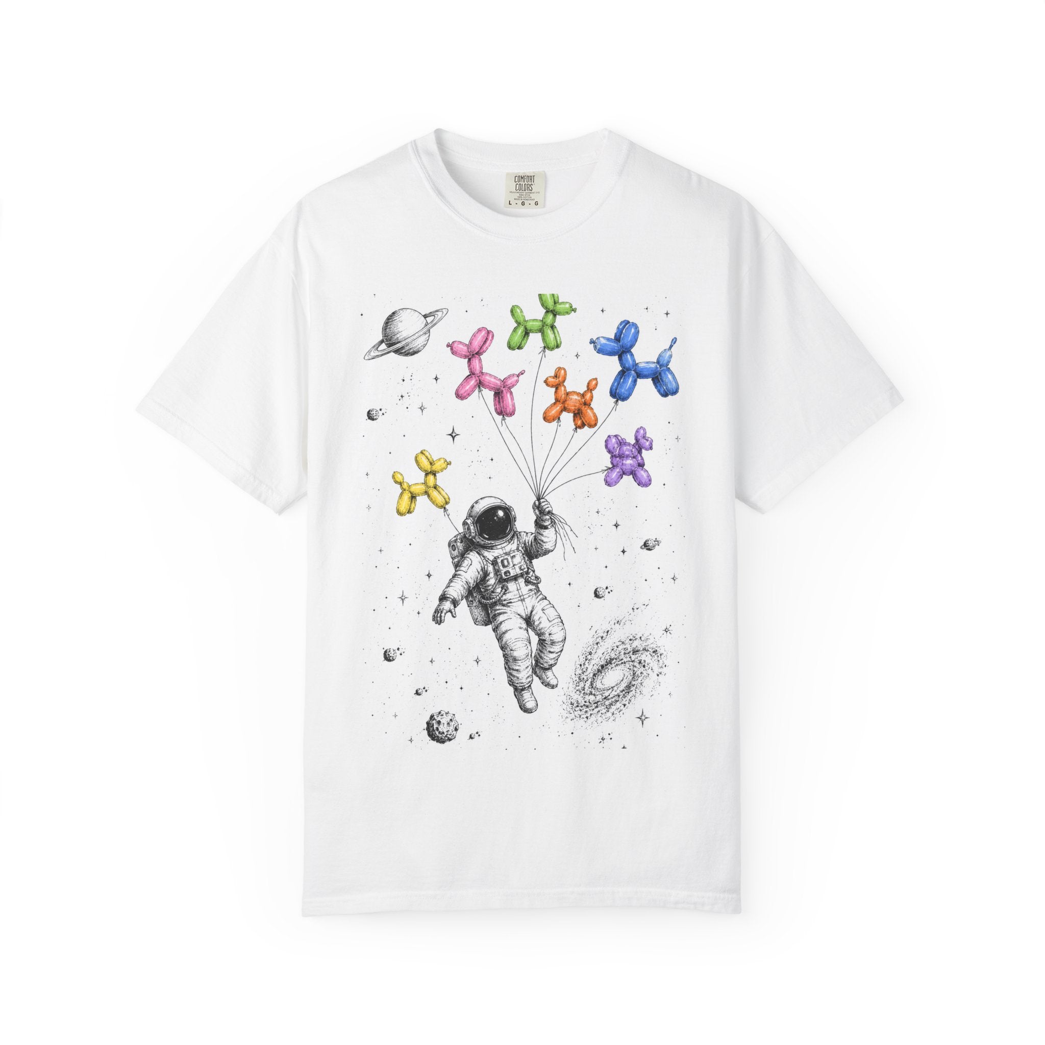 Astronaut Balloon Tee — Space Explorer with Colorful Balloon Dogs