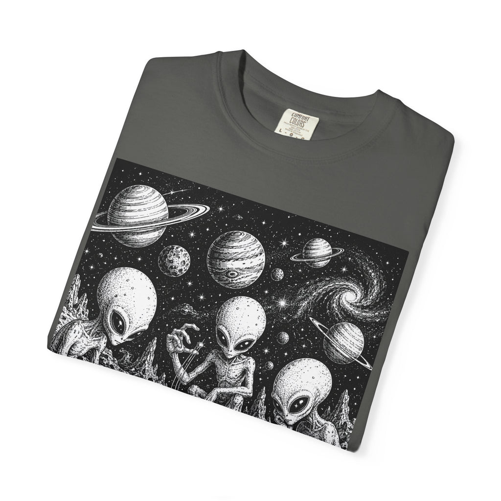 Alien Tea Party T-Shirt — Playful Retro Space Illustration