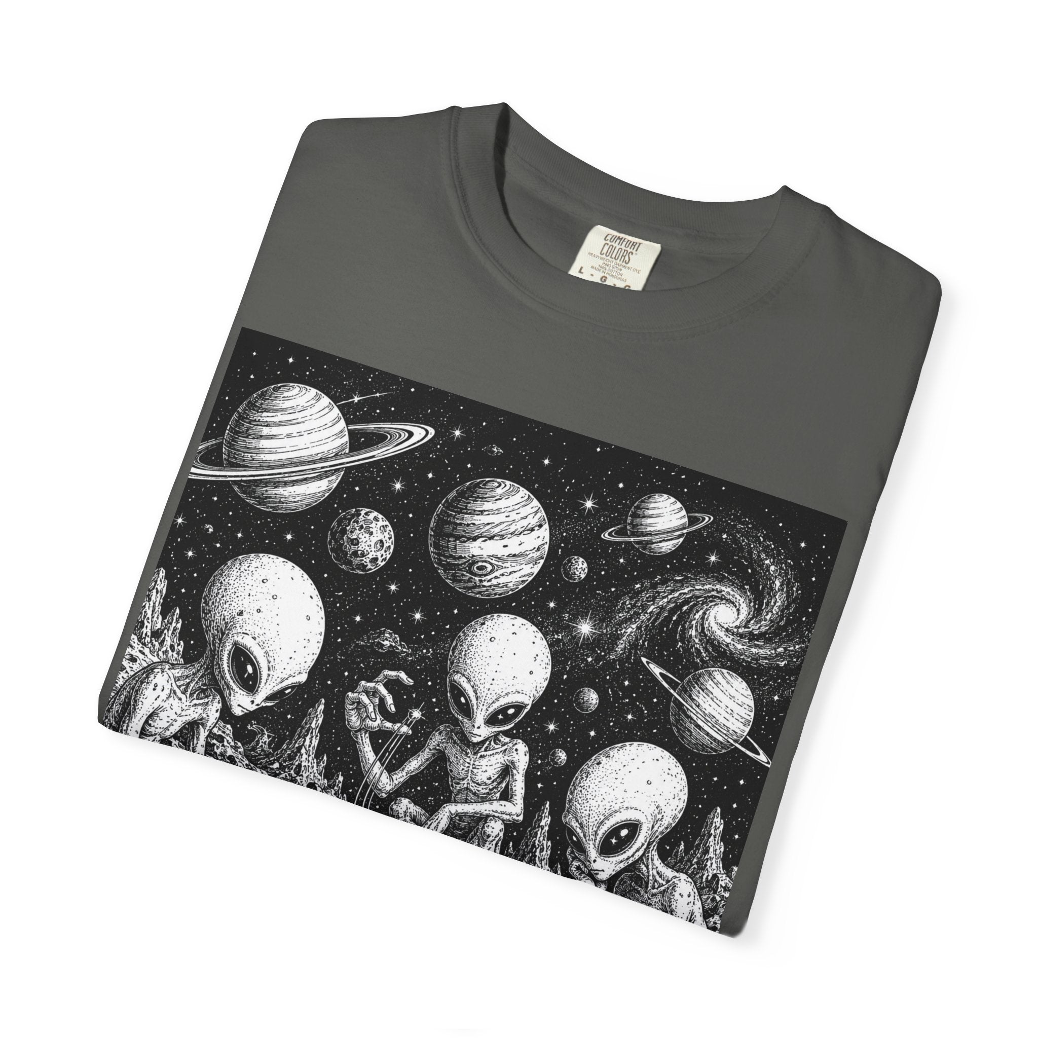 Alien Tea Party T-Shirt — Playful Retro Space Illustration