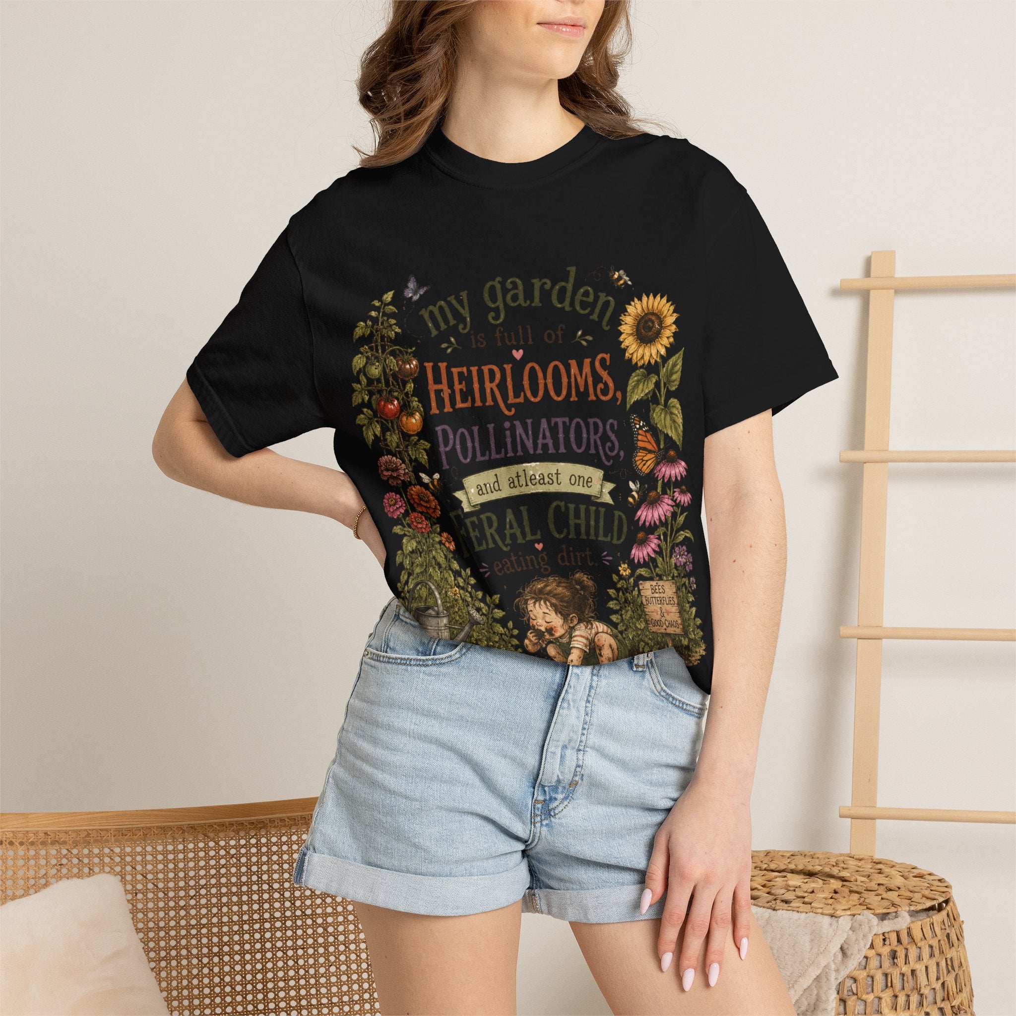 Garden Lover T-Shirt — “My garden is full of heirlooms, pollinators...feral child” Vintage Botanical Tee