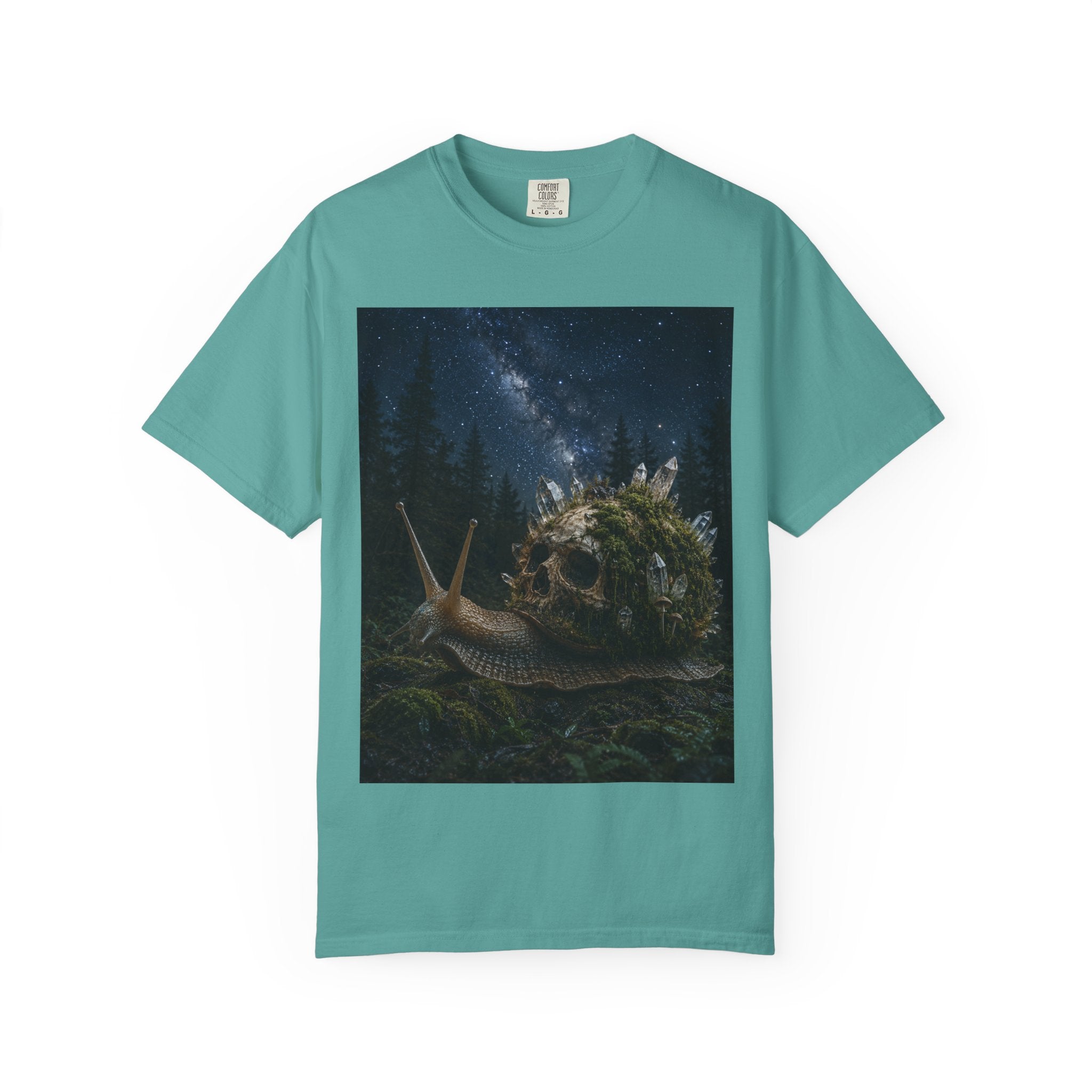 Snail World T‑Shirt — Night Sky Forest Snail Graphic Tee