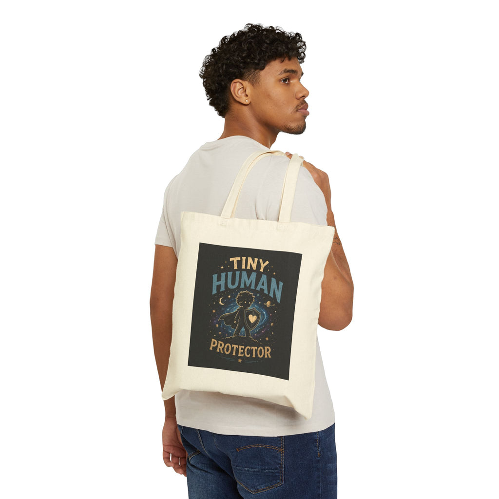 Tote Bag — "Tiny Human Protector" Cute Space Dinosaur Baby Guardian Canvas Tote