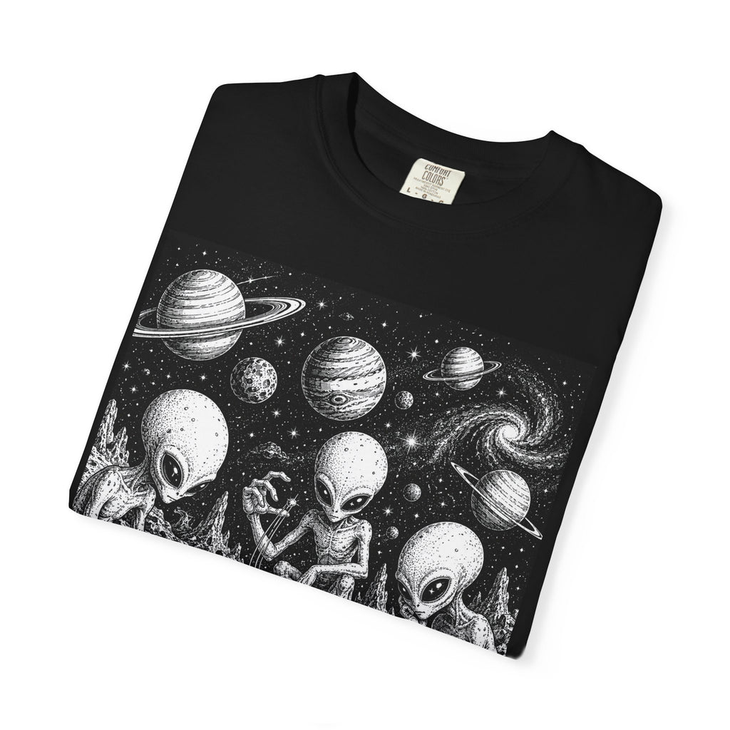 Alien Tea Party T-Shirt — Playful Retro Space Illustration