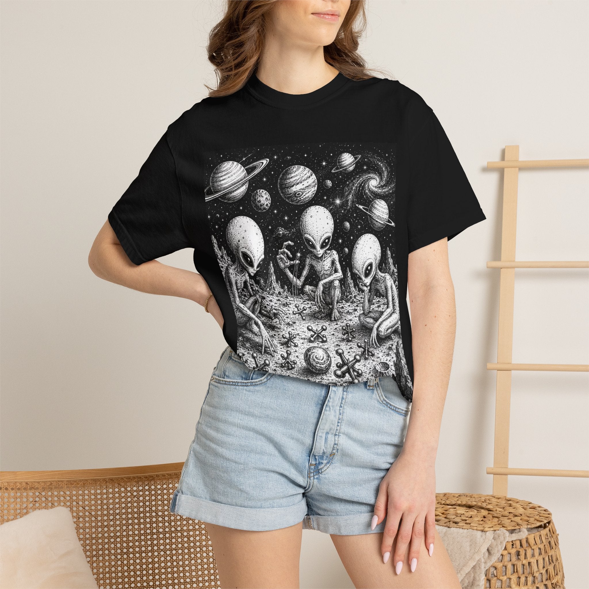 Alien Tea Party T-Shirt — Playful Retro Space Illustration