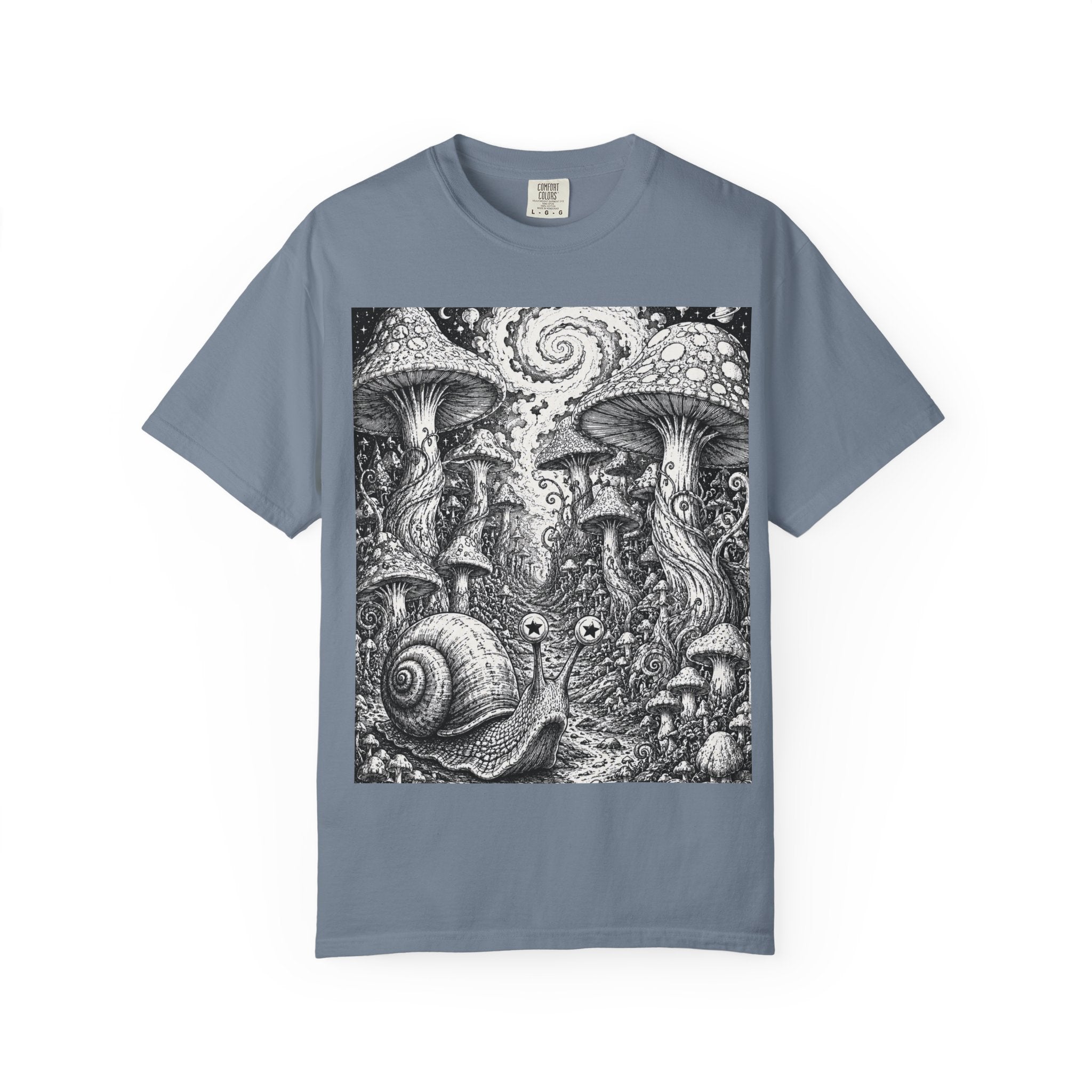 Psychedelic Mushroom Garden T-Shirt — Snail & Fungi Illustration
