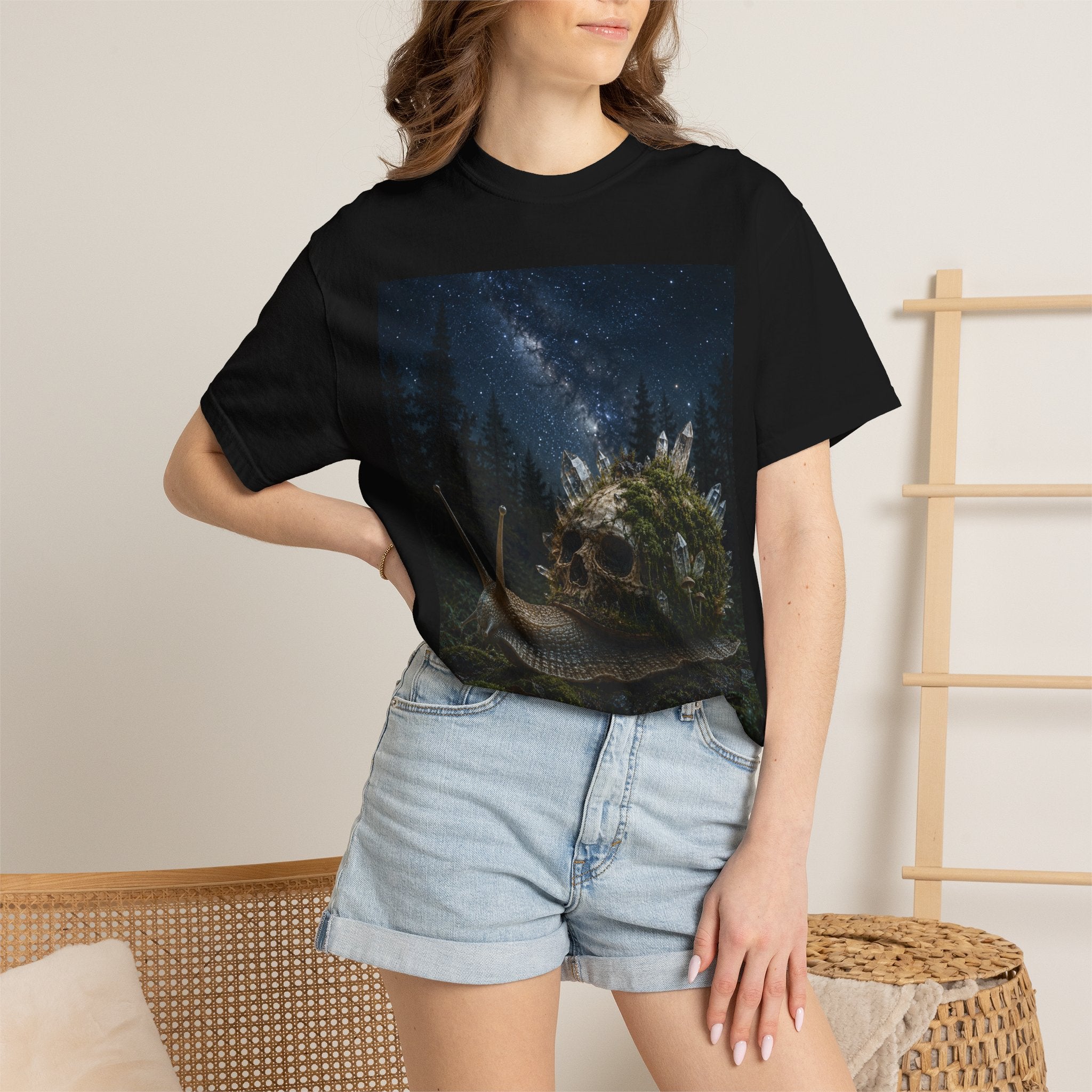 Snail World T‑Shirt — Night Sky Forest Snail Graphic Tee