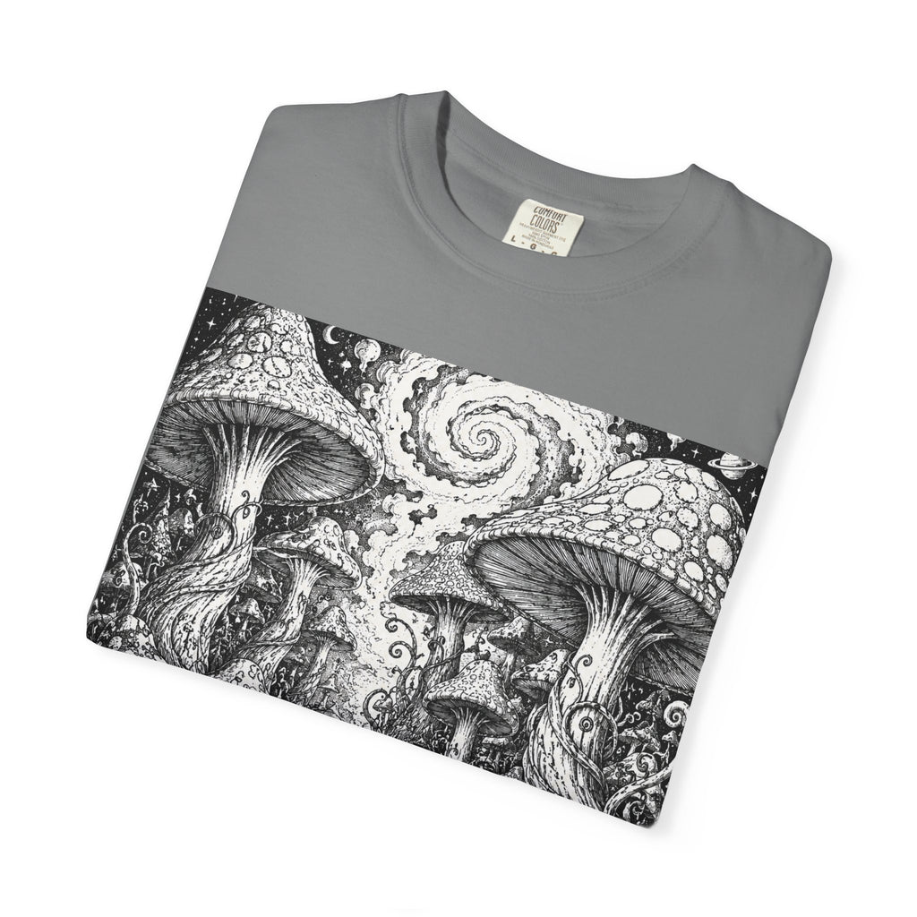 Psychedelic Mushroom Garden T-Shirt — Snail & Fungi Illustration