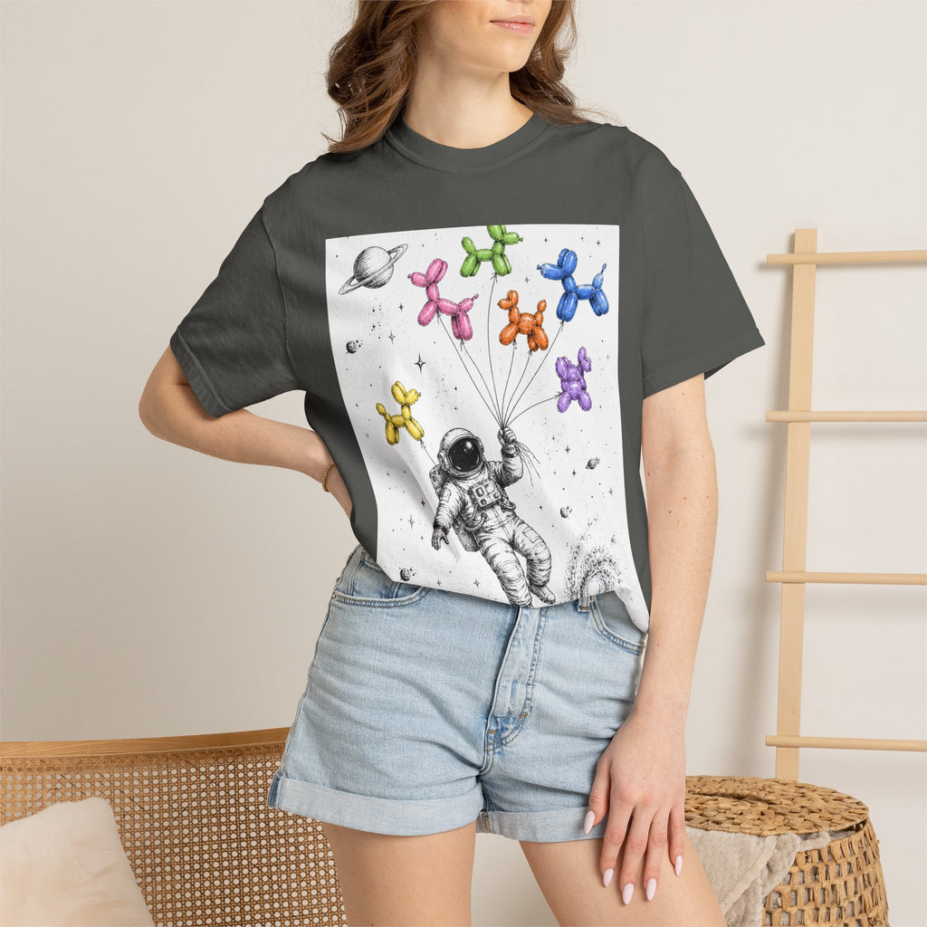 Astronaut Balloon Tee — Space Explorer with Colorful Balloon Dogs