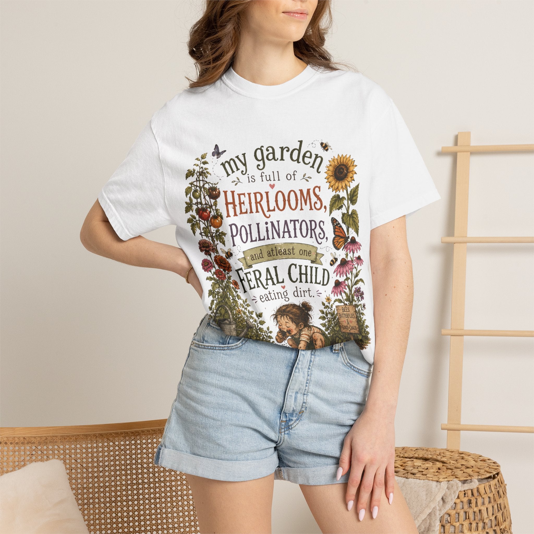 Garden Lover T-Shirt — “My garden is full of heirlooms, pollinators...feral child” Vintage Botanical Tee