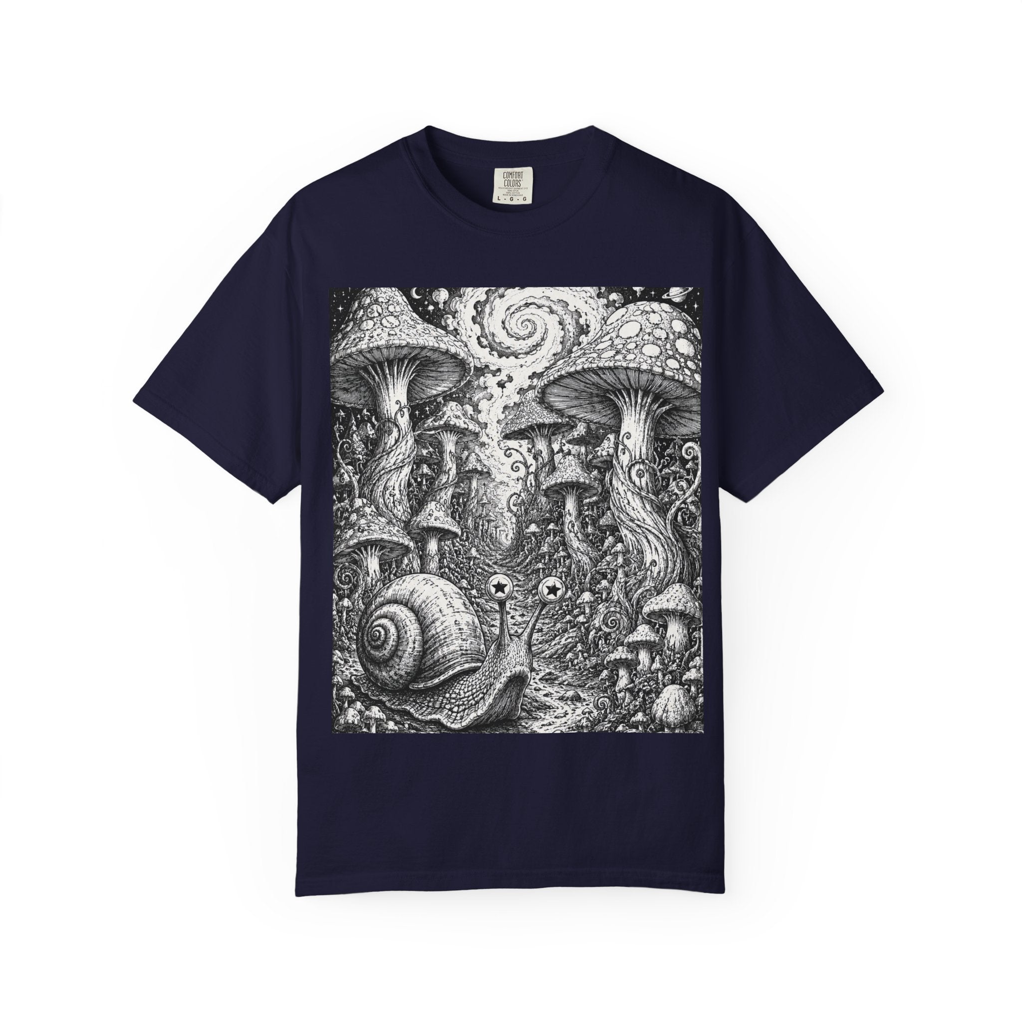 Psychedelic Mushroom Garden T-Shirt — Snail & Fungi Illustration