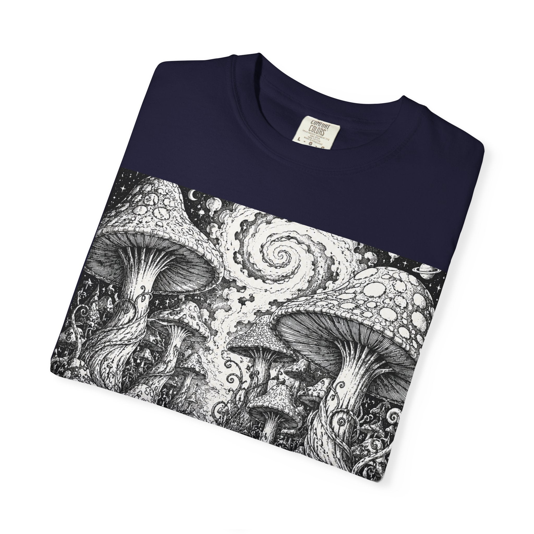 Psychedelic Mushroom Garden T-Shirt — Snail & Fungi Illustration